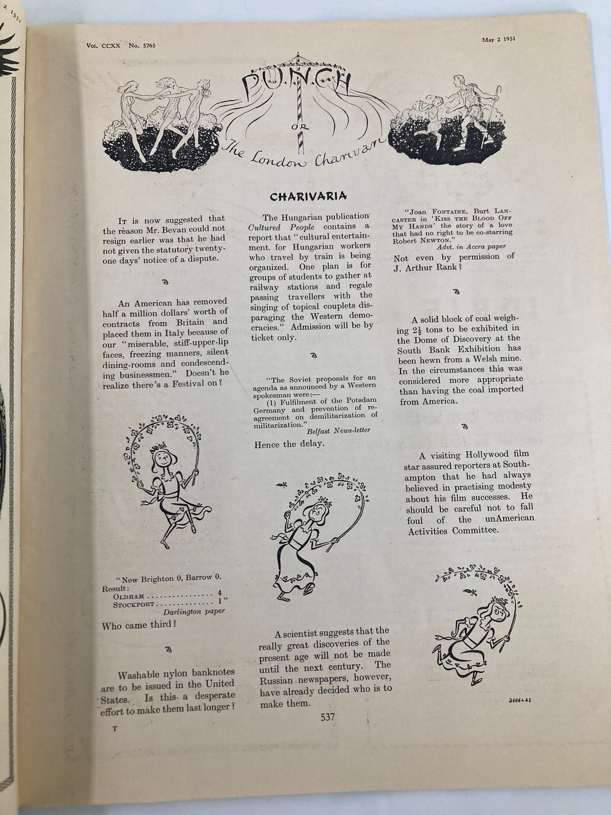 Interior page of VTG Punch Magazine May 2, 1951 #5765 Vol 220 showcasing the Charivaria section with witty articles and illustrations.