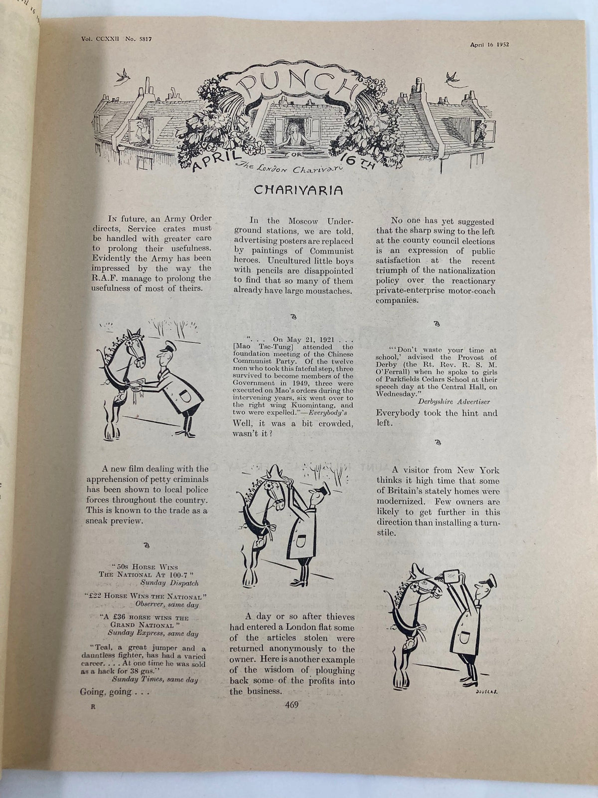 Interior page of VTG Punch Magazine, April 16, 1952, featuring a cartoon illustration and text related to humor and satire from the WWII era. The page showcases the editorial content from Volume 222, #5817, highlighting the magazine's vintage charm and historical significance.
