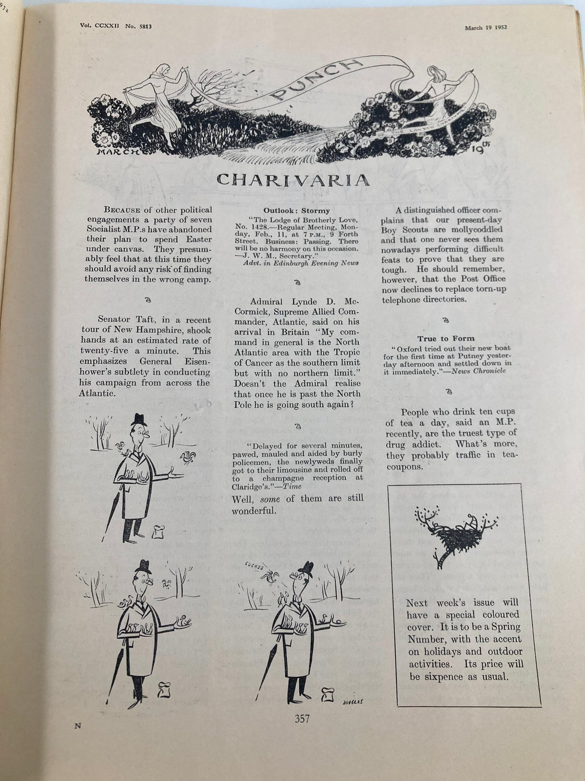Interior page of VTG Punch Magazine March 19 1952, featuring the 'CHARIVARIA' section with text and whimsical cartoon illustrations, reflecting the humor and satire of the era.