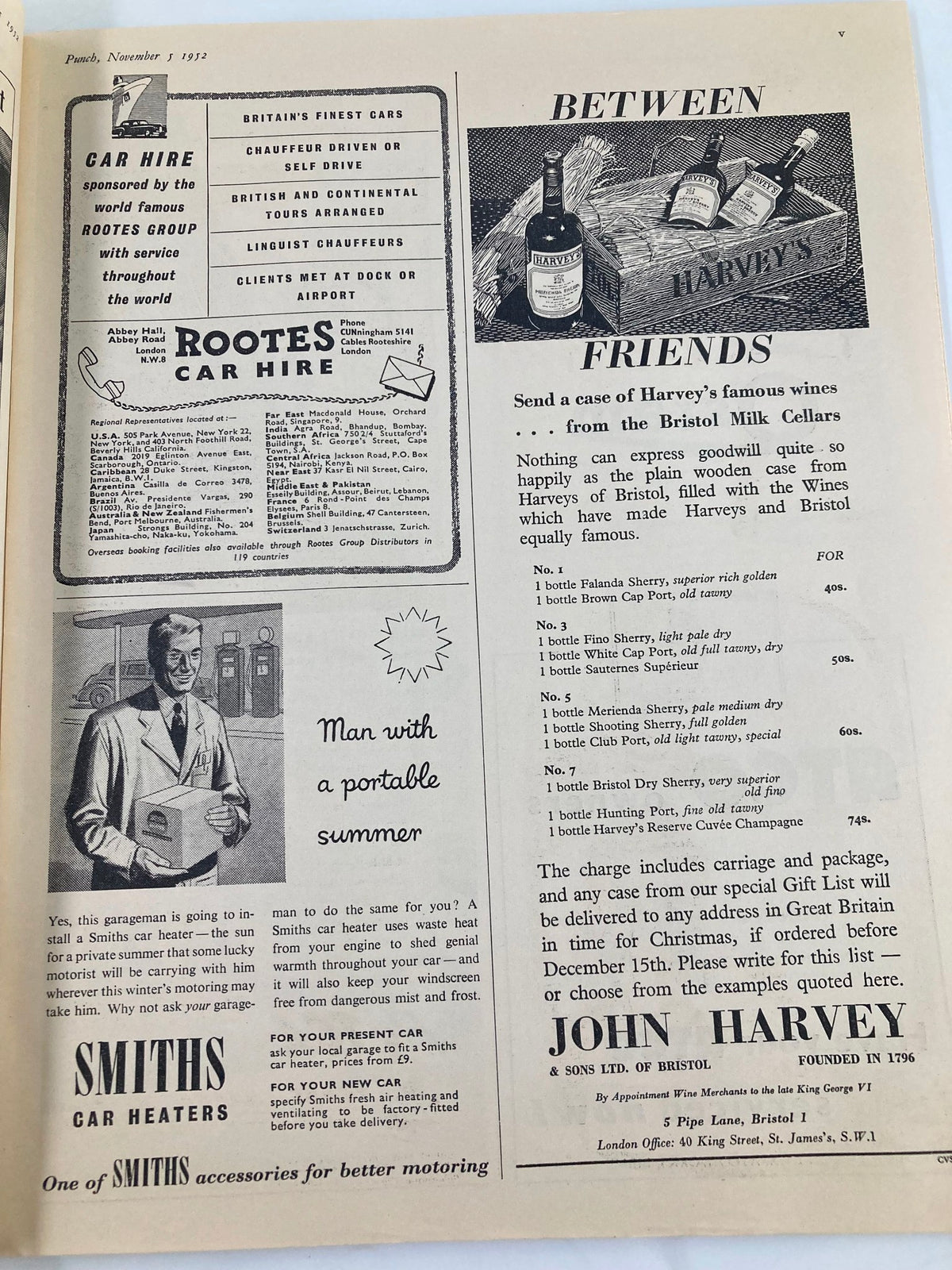Interior page of VTG Punch Magazine from November 5, 1952, showcasing advertisements including 'Rootes Car Hire' and 'Harvey's Wines', reflecting the era's style.