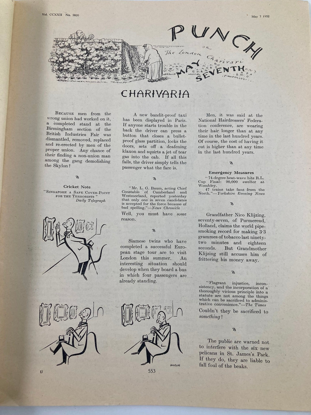 Interior page of VTG Punch Magazine from May 7, 1952, issue number #5820 Volume 222, displaying satirical content and cartoons under the title CHARIVARIA.