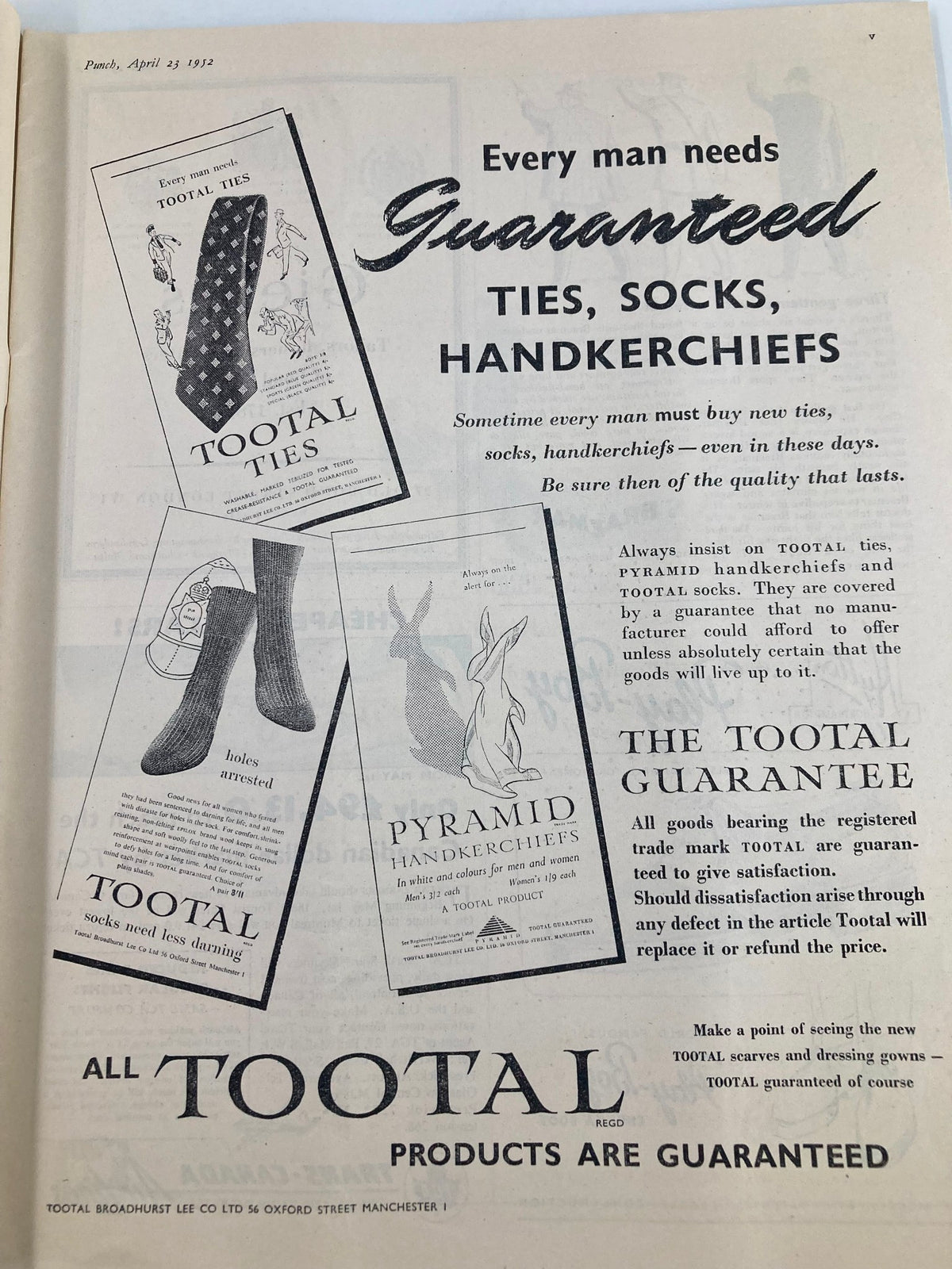 Inside page of VTG Punch Magazine April 23 1952 displaying vintage advertisements for Tootal ties, socks, and handkerchiefs, emphasizing guaranteed quality in men's accessories.