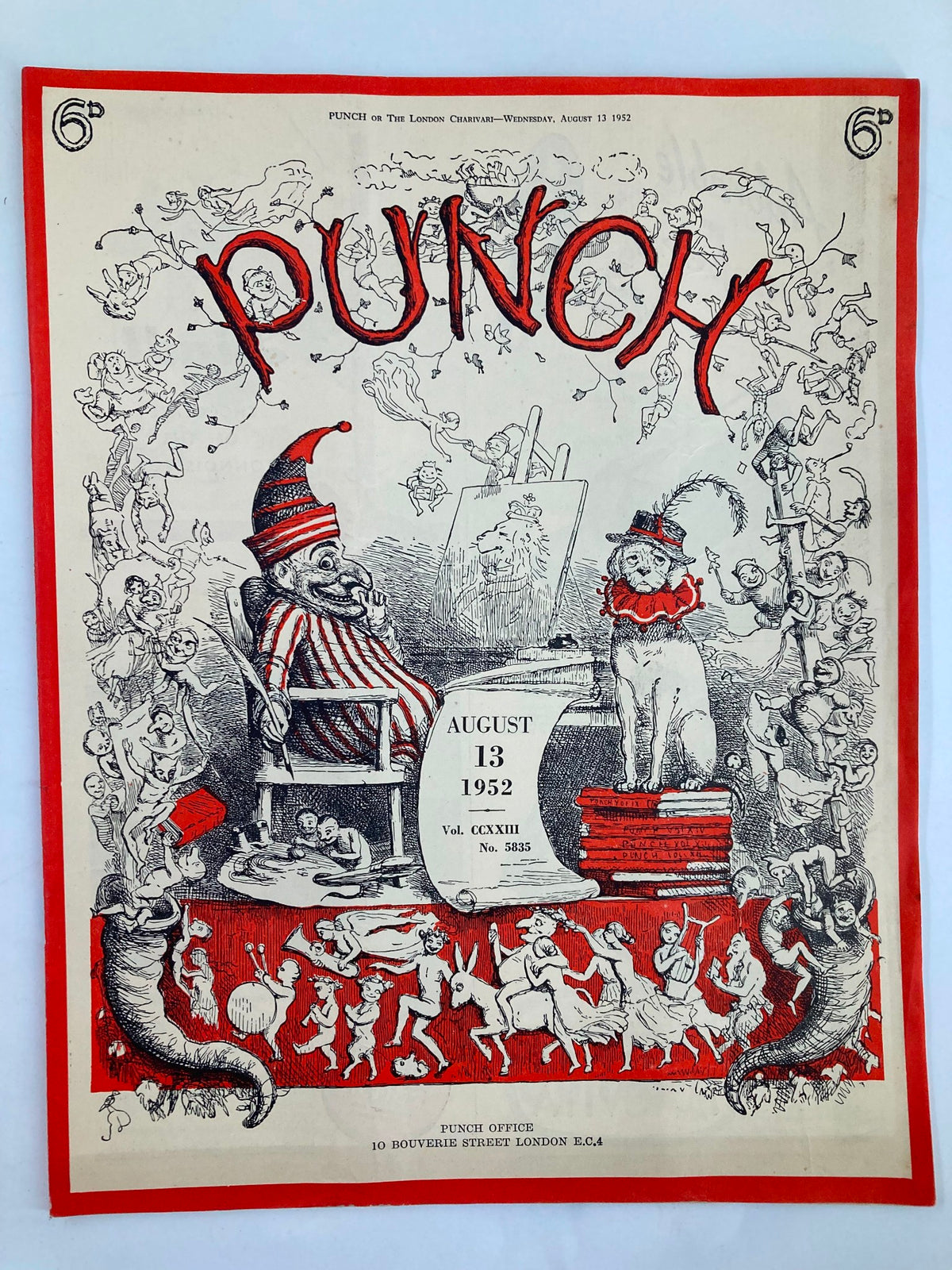 Cover of VTG Punch Magazine August 13 1952, issue #5835, Vol 223, featuring whimsical cartoons and humor reflective of post-WWII life.