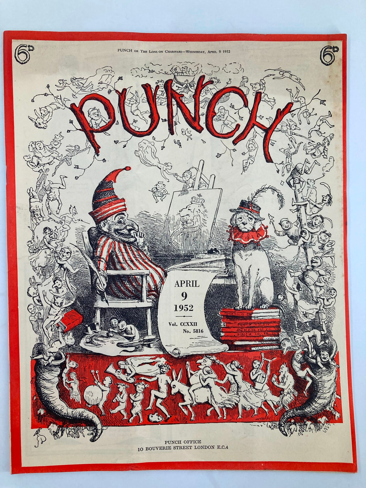 Cover of Punch Magazine, April 9, 1952, Issue #5816, Volume 222, featuring whimsical illustrations of a clown, animals, and playful characters, encapsulating WWII humor and satire.