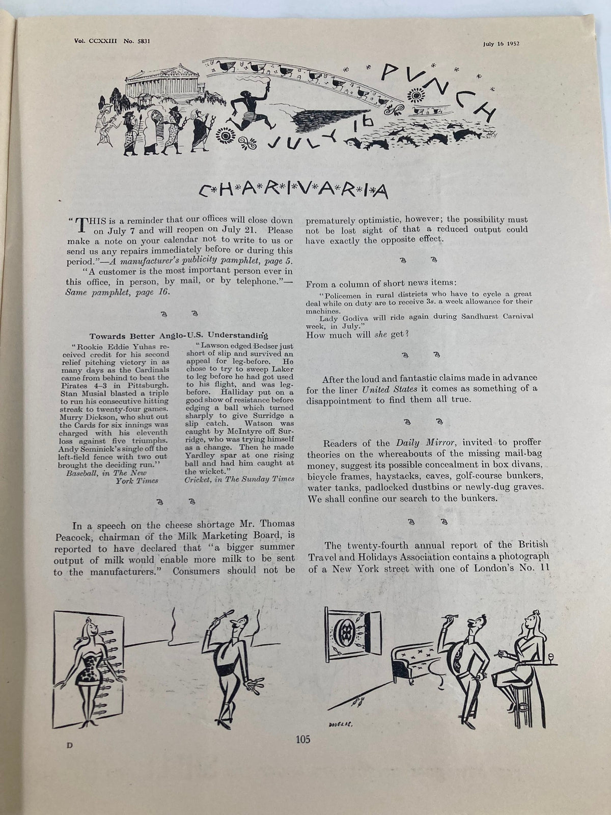 Interior page of VTG Punch Magazine July 16 1952 #5831 Vol 223 displaying humorous articles and cartoons characteristic of the vintage publication.