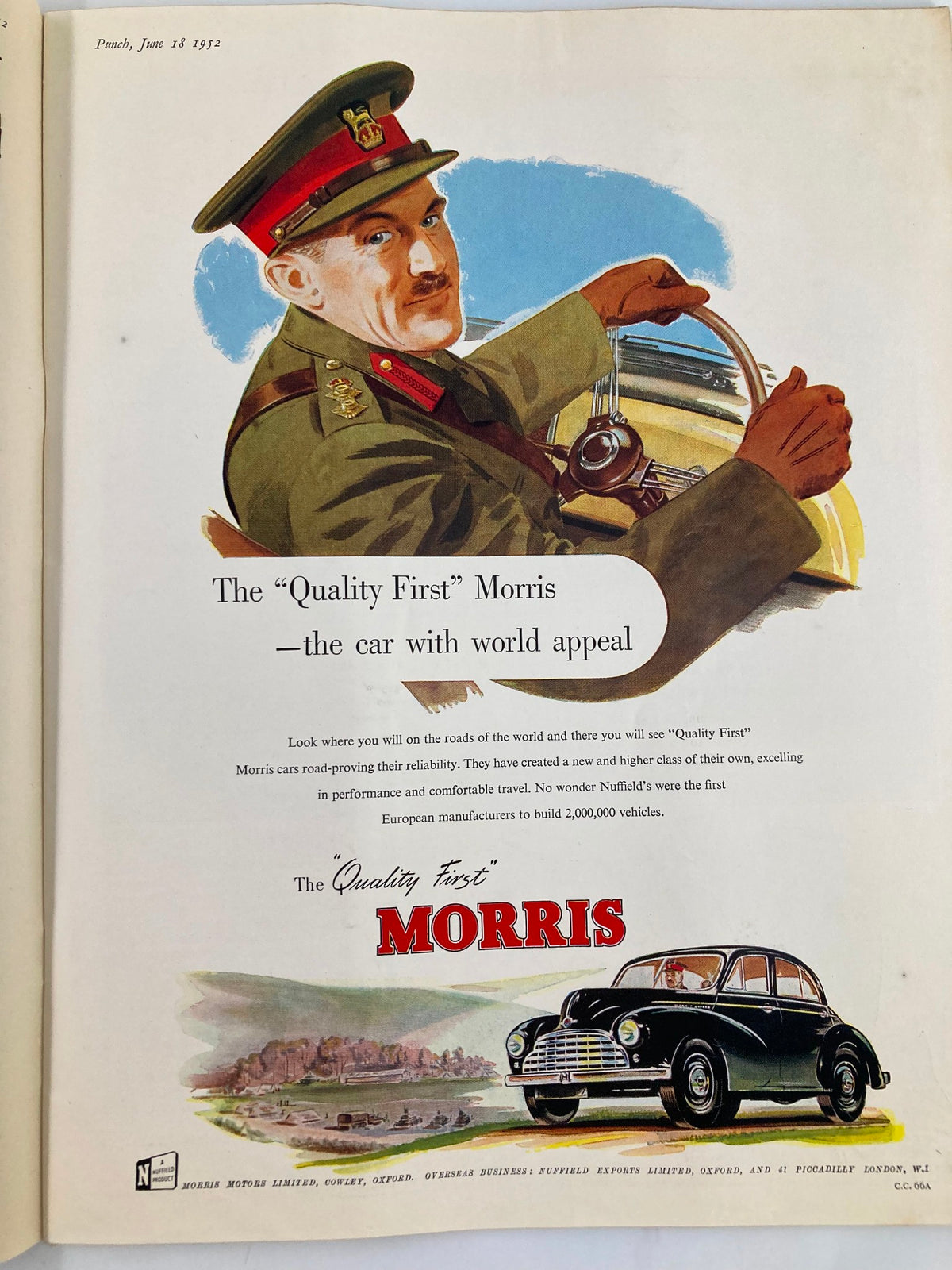 An advertisement from the VTG Punch Magazine June 18, 1952, showcasing the 'Quality First' Morris car with a military figure at the steering wheel, highlighting reliability and world appeal.
