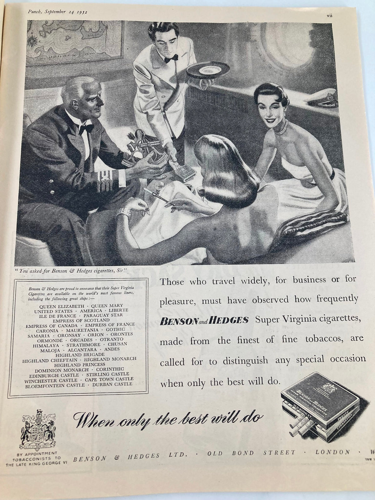 Illustration from the Vintage Punch Magazine September 24 1952, Issue #5841, featuring a sophisticated social scene with characters enjoying a formal dinner, showcasing mid-20th century advertising.