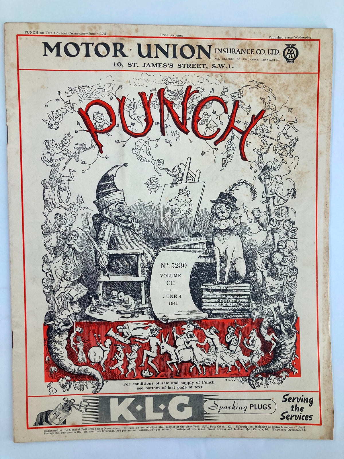 VTG Punch Magazine June 4 1941, issue #5230, Volume 100, featuring colorful illustrations and humor related to World War II on the cover.