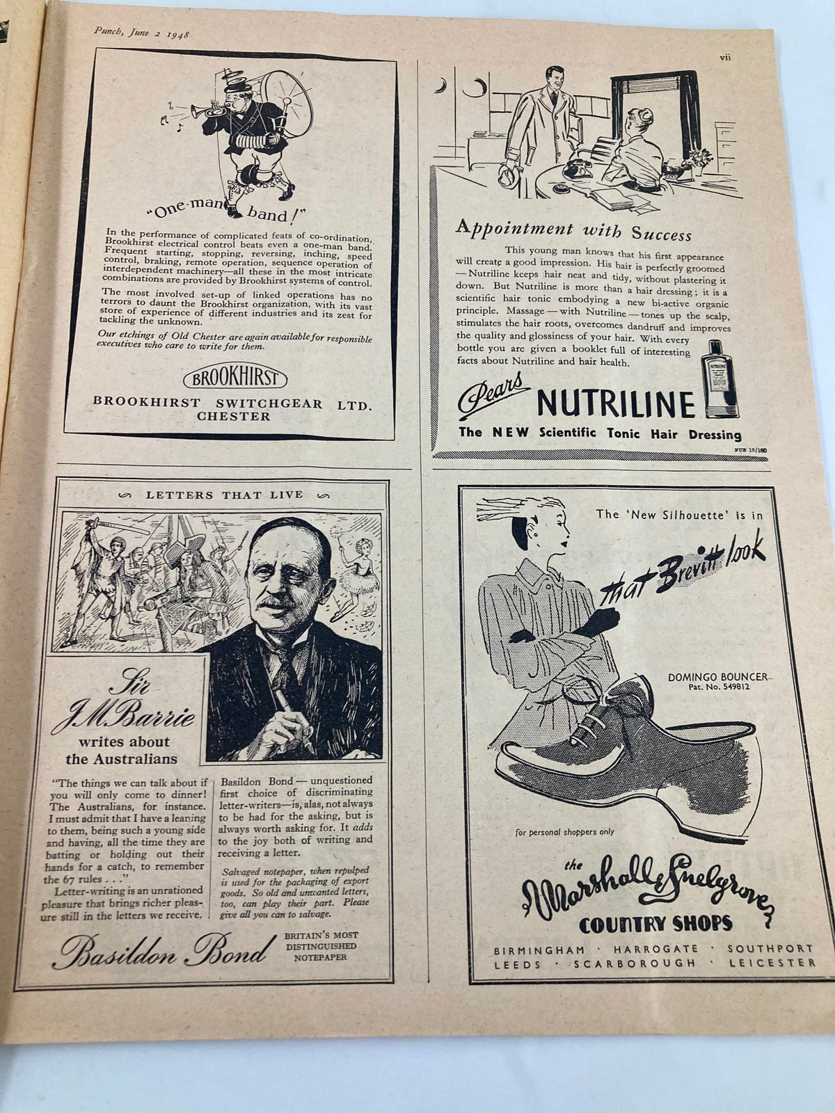 Inside page of VTG Punch Magazine June 2 1948 #5607 displaying advertisements and illustrations reflecting the era's style.
