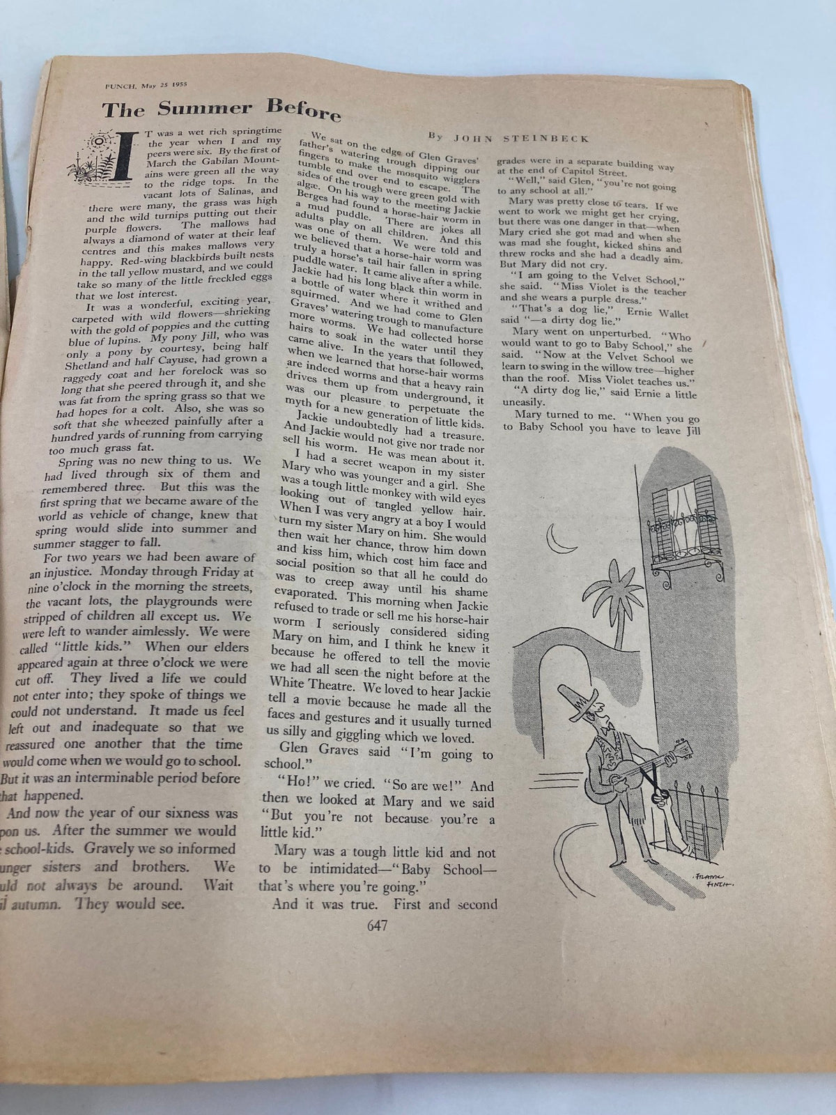 Another interior page of VTG Punch Magazine May 25 1955 Summer Number featuring a story by John Steinbeck, showcasing literary content from the mid-20th century.