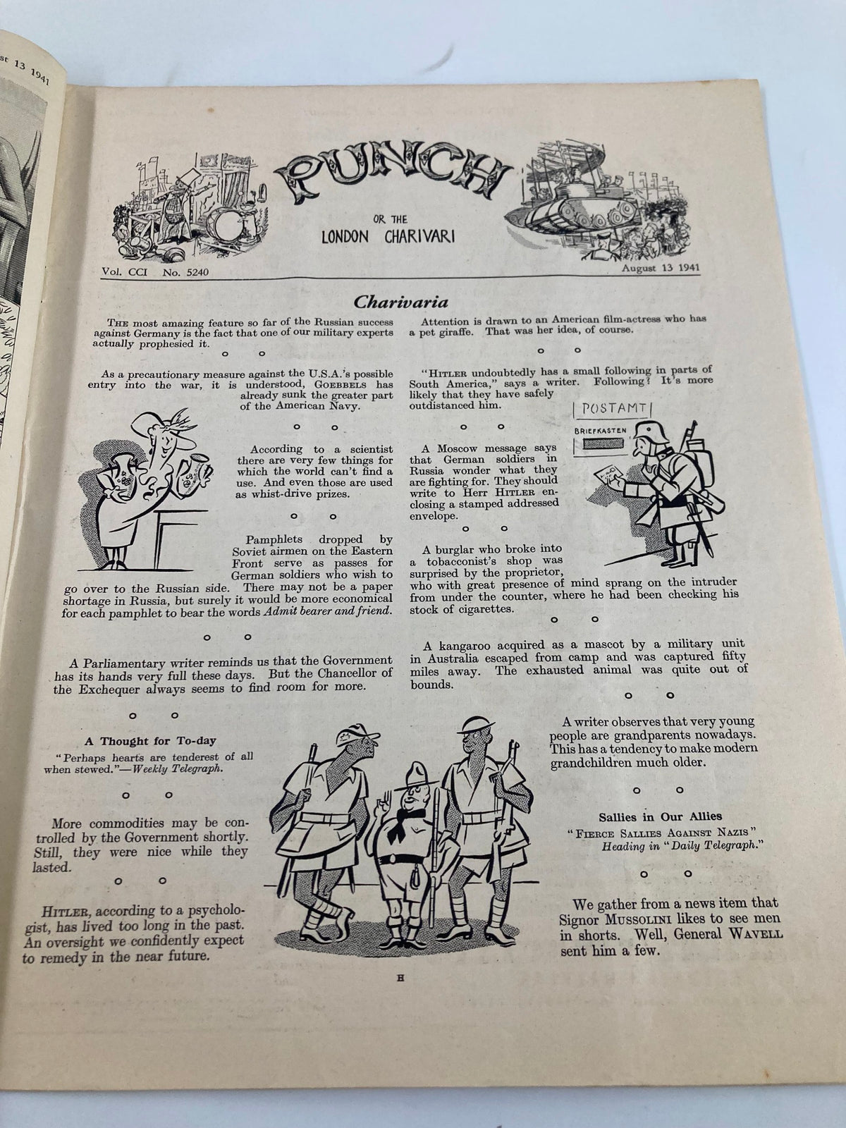 Inside page of VTG Punch Magazine August 13 1941 #5240 Vol 201 displaying a cartoon and editorial content, reflecting wartime themes and humor.