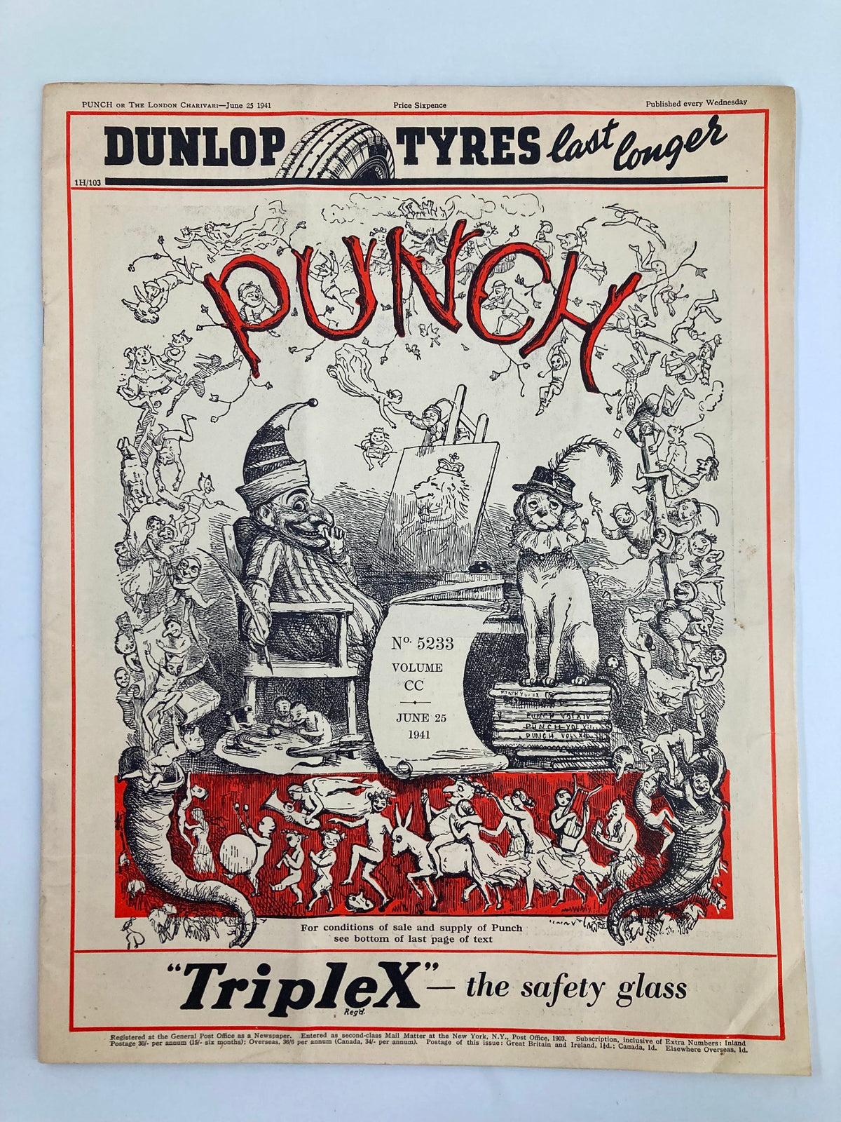 Cover of VTG Punch Magazine June 25 1941, Issue No. 5233, Volume 200, featuring illustrations related to WWII humor and cartoons.
