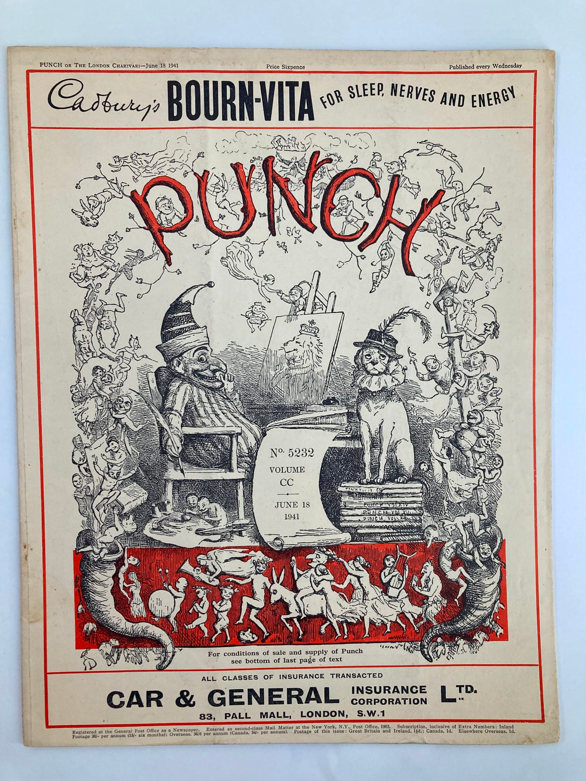VTG Punch Magazine June 18 1941 - Cover featuring whimsical wartime illustrations and humor, showcasing issue #5232 from Volume 200.