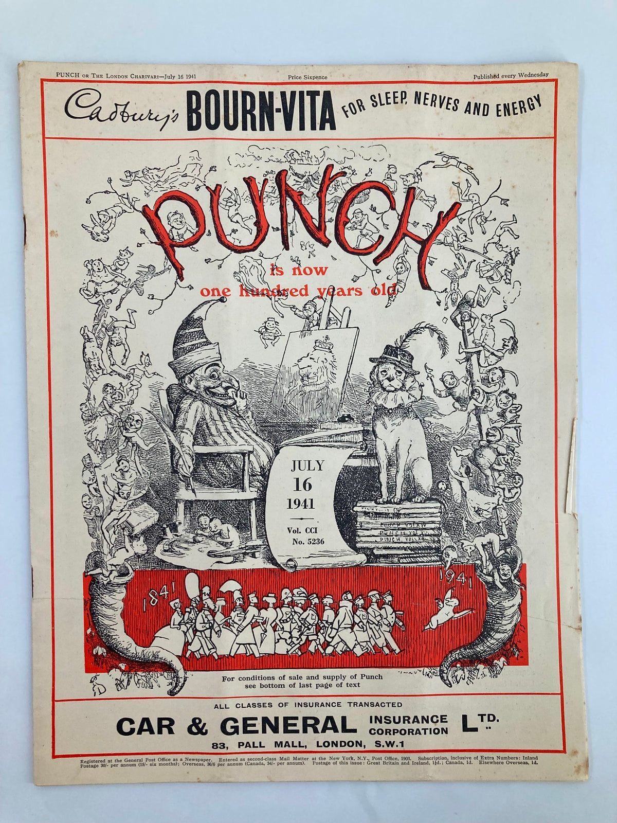 Cover of VTG Punch Magazine from July 16, 1941, issue #5236 Volume 201, featuring colorful illustrations and humorous cartoons reflecting World War II politics.
