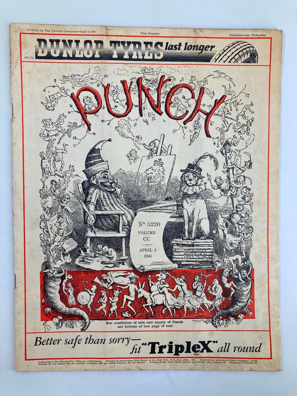 Cover of VTG Punch Magazine April 2, 1941, issue #5220, showcasing vintage World War II cartoons and humor, featuring whimsical illustrations and the prominent title 'PUNCH'.
