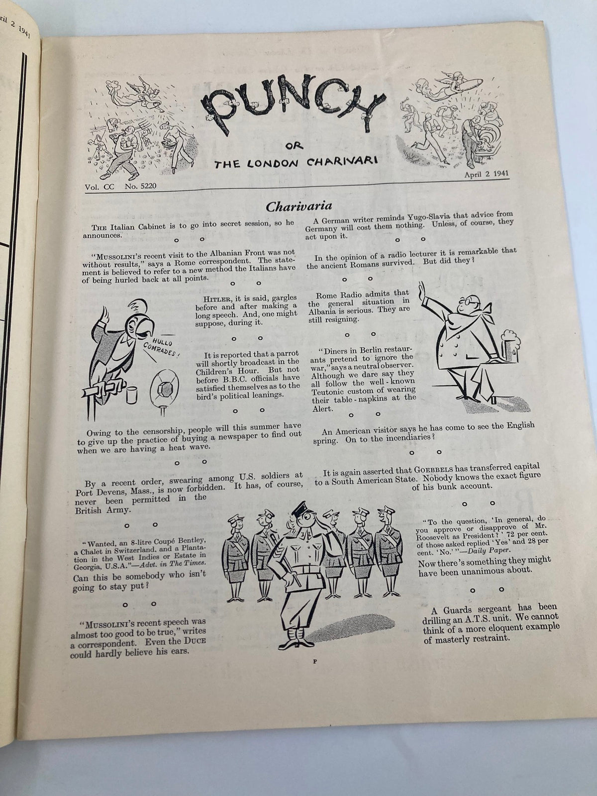 Interior page of VTG Punch Magazine April 2, 1941, issue #5220, featuring satirical articles and illustrations reflecting social commentary from the World War II period.