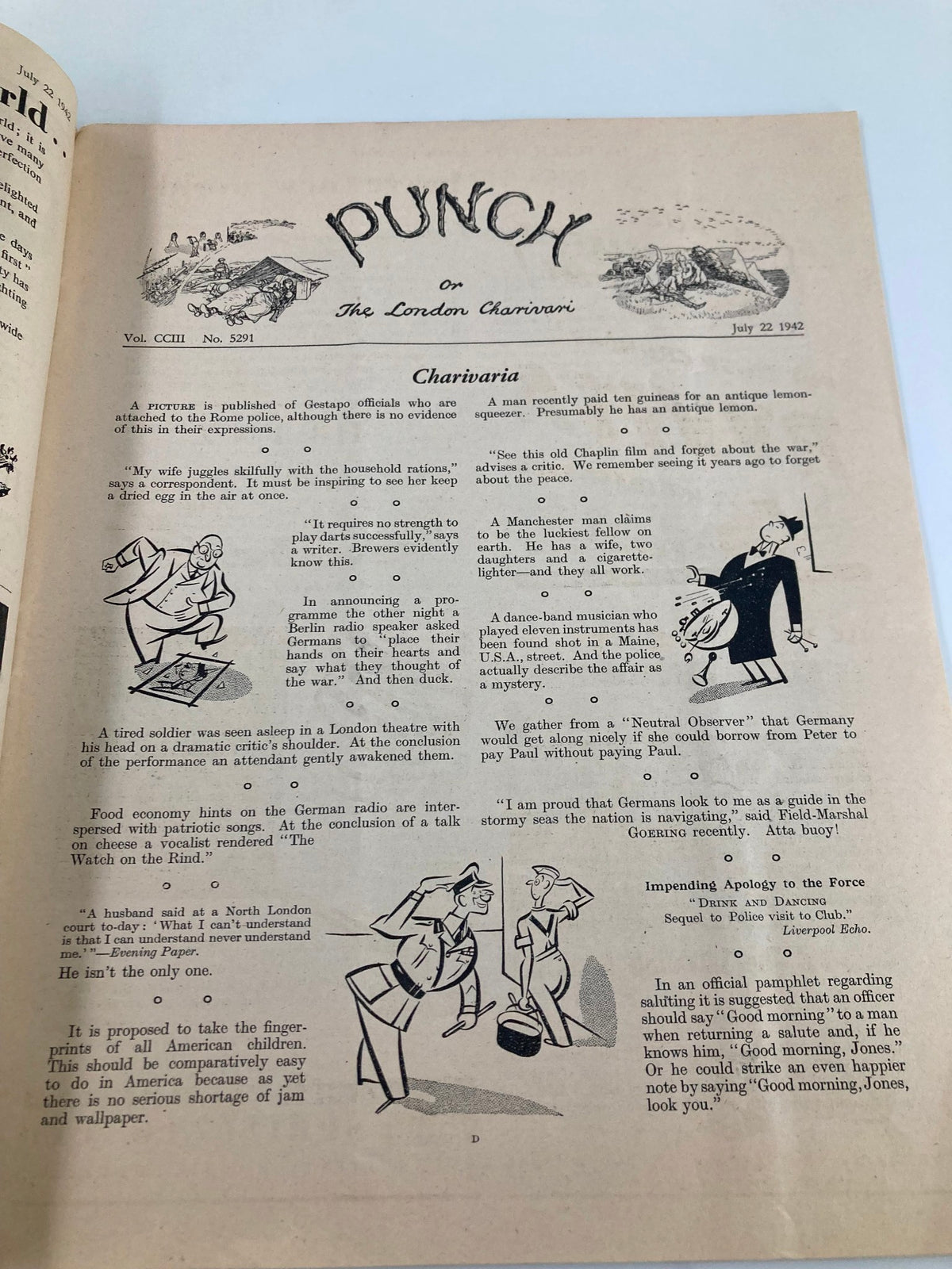 Interior page of VTG Punch Magazine July 22 1942 #5291 Vol 203 displaying satirical content and humor pertaining to World War II.