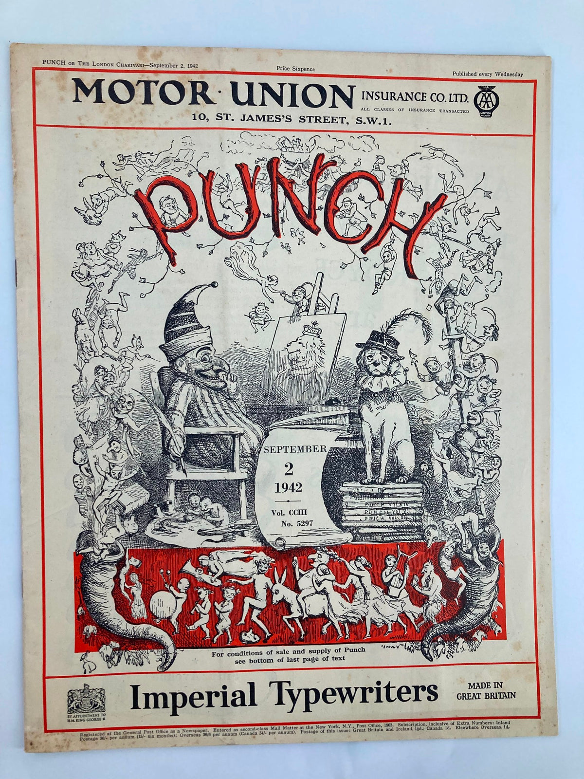 Front cover of VTG Punch Magazine September 2, 1942, number 5297, Volume 203, featuring humorous illustrations and skits related to World War II.