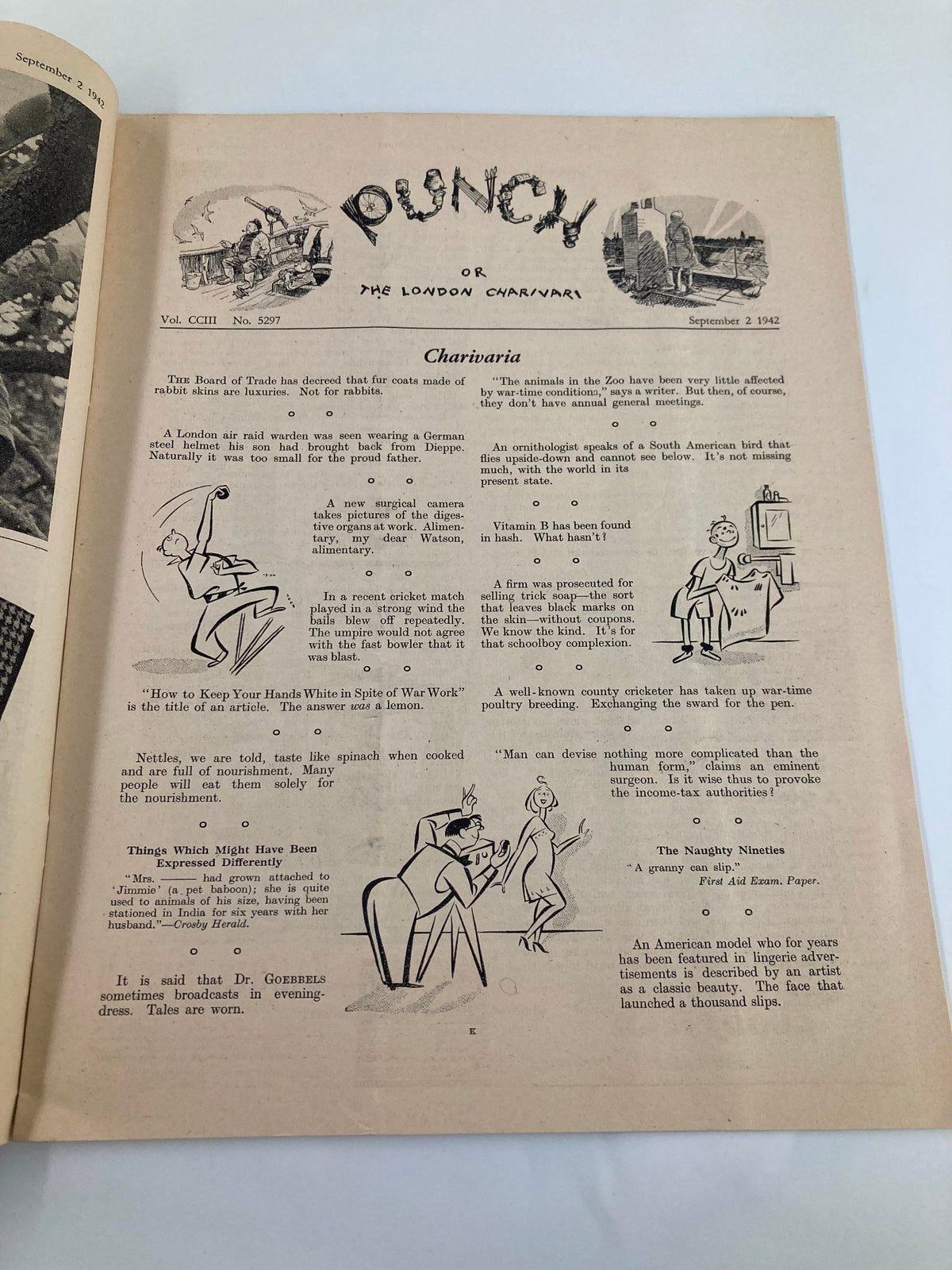 Interior page of VTG Punch Magazine September 2, 1942, number 5297, Volume 203, showcasing humorous content and cartoons from the WWII era.