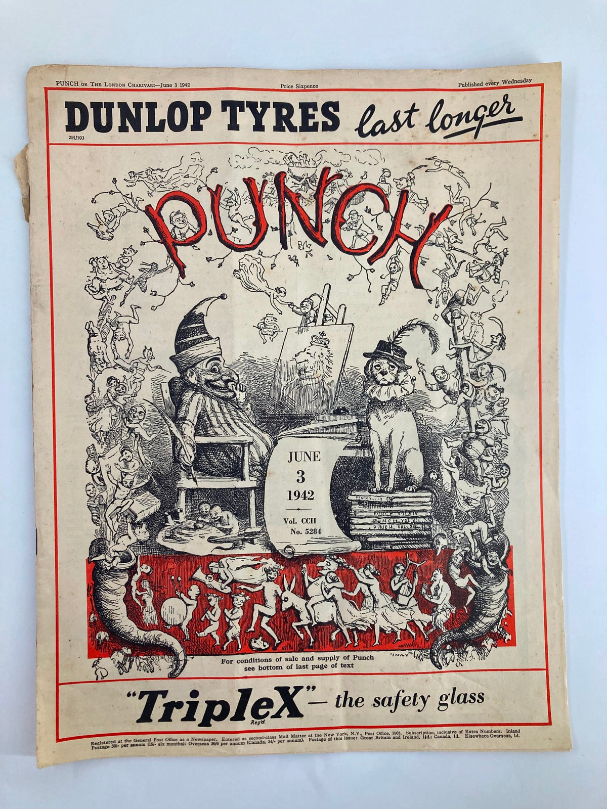 VTG Punch Magazine June 3 1942 #5284 Vol 202 cover featuring humorous illustrations and vintage advertisements.