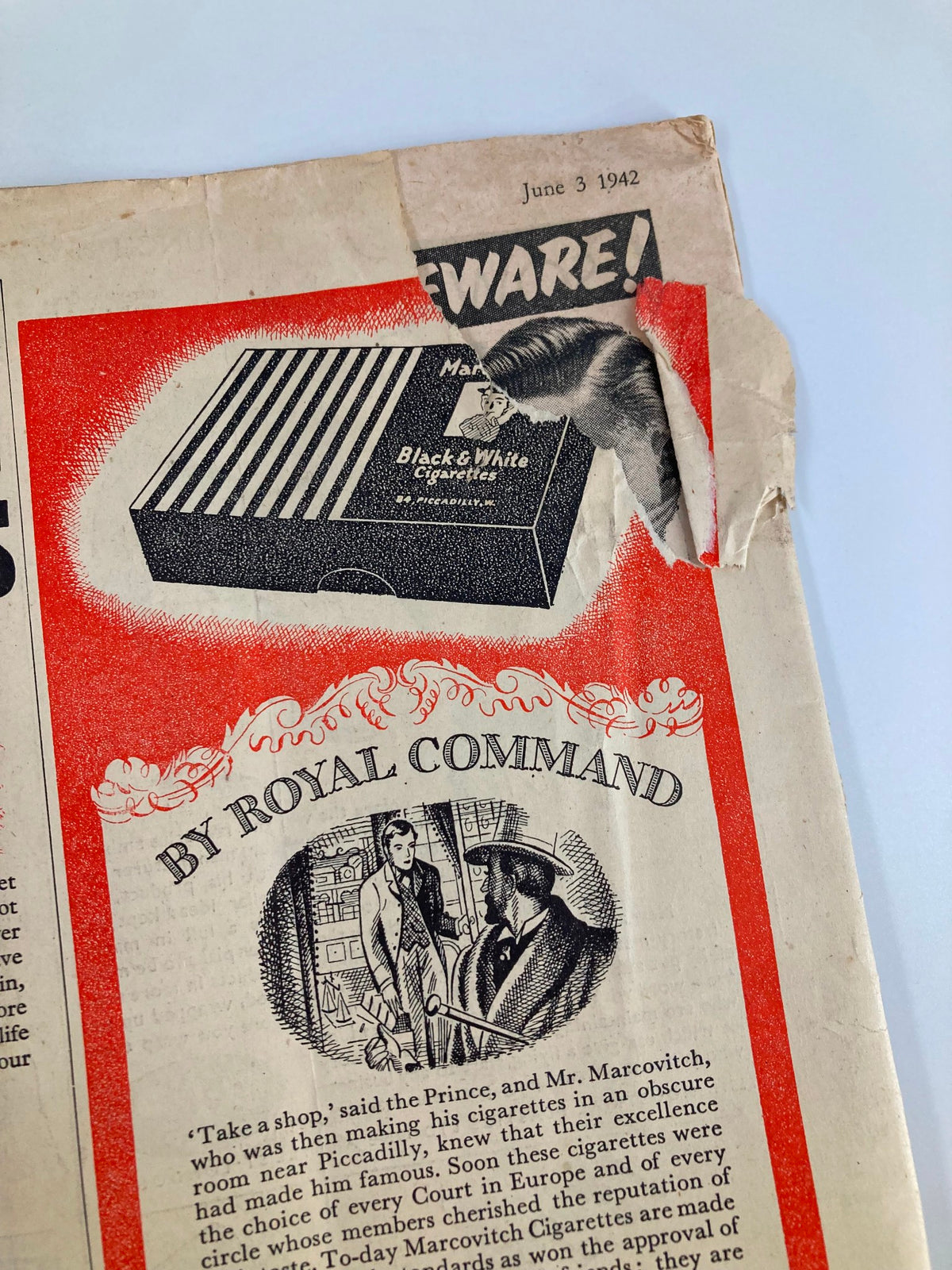 Back cover of VTG Punch Magazine June 3 1942 #5284 Vol 202 highlighting vintage cigarette advertisement and design elements.