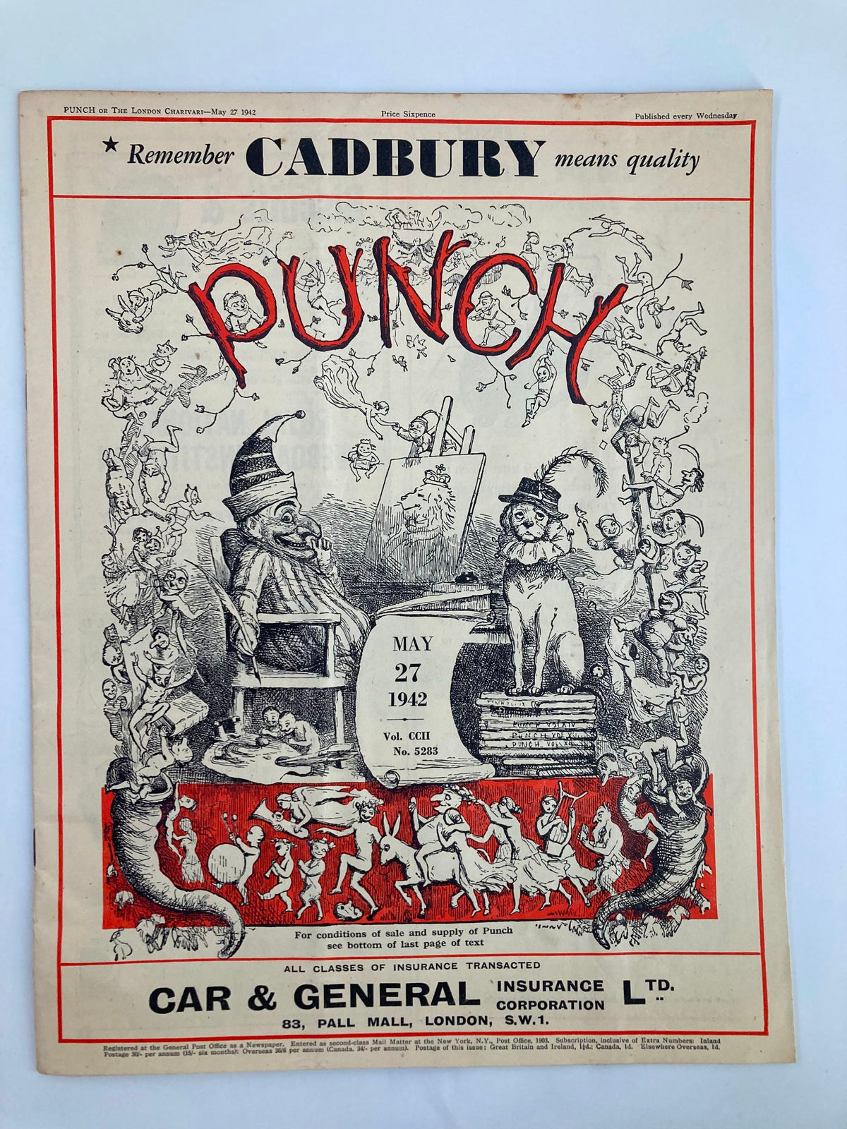 Cover of VTG Punch Magazine May 27 1942 #5283 Vol 202 featuring humorous cartoons and illustrations reflecting World War II themes.