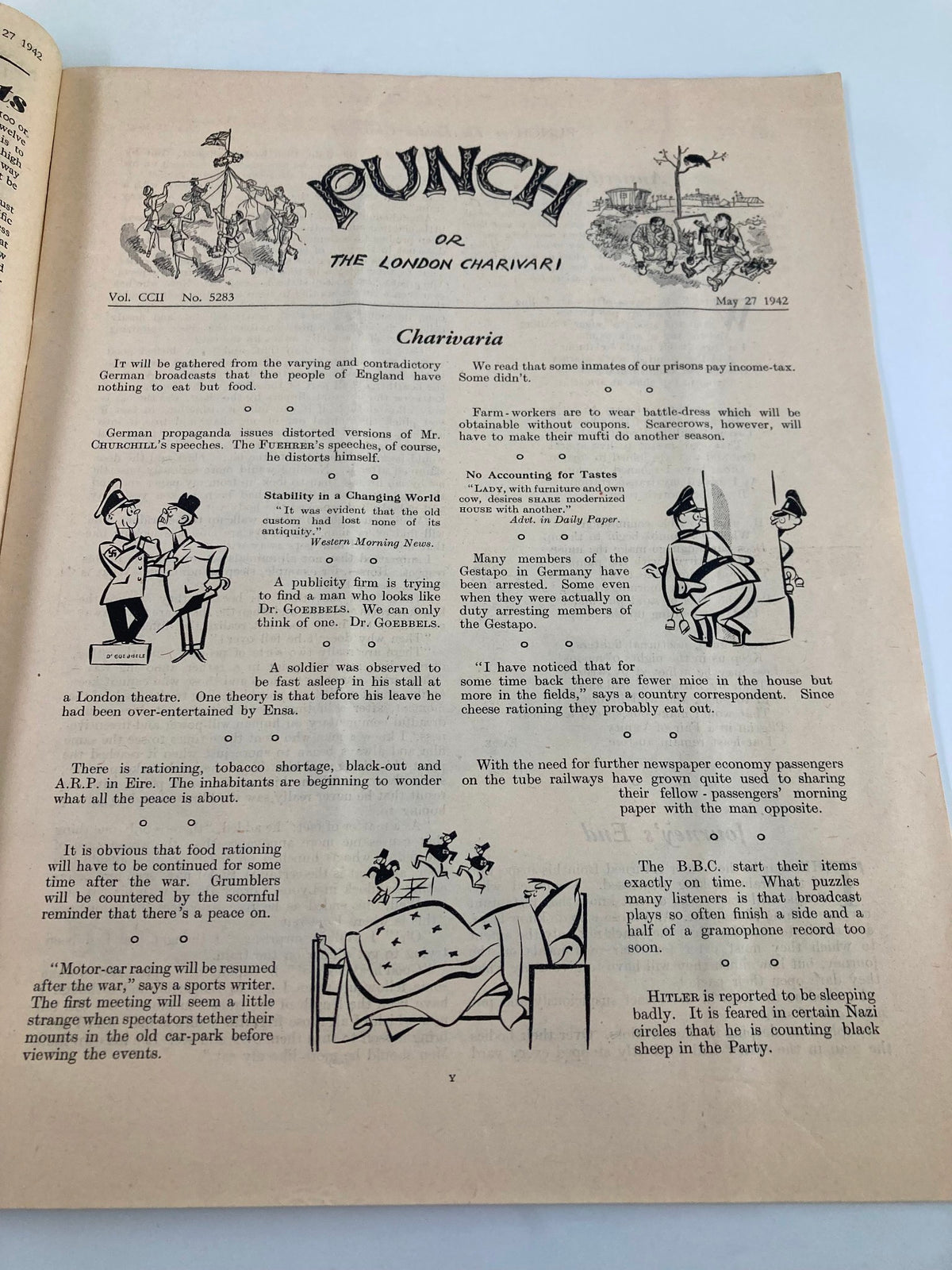 Inside page of VTG Punch Magazine May 27 1942 #5283 Vol 202 showcasing articles and cartoons from the World War II era.
