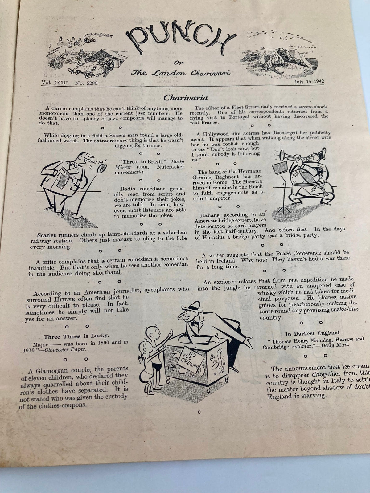 Interior page of VTG Punch Magazine July 15, 1942 #5290 Vol 203, showcasing comedic articles and cartoons typical of wartime humor.