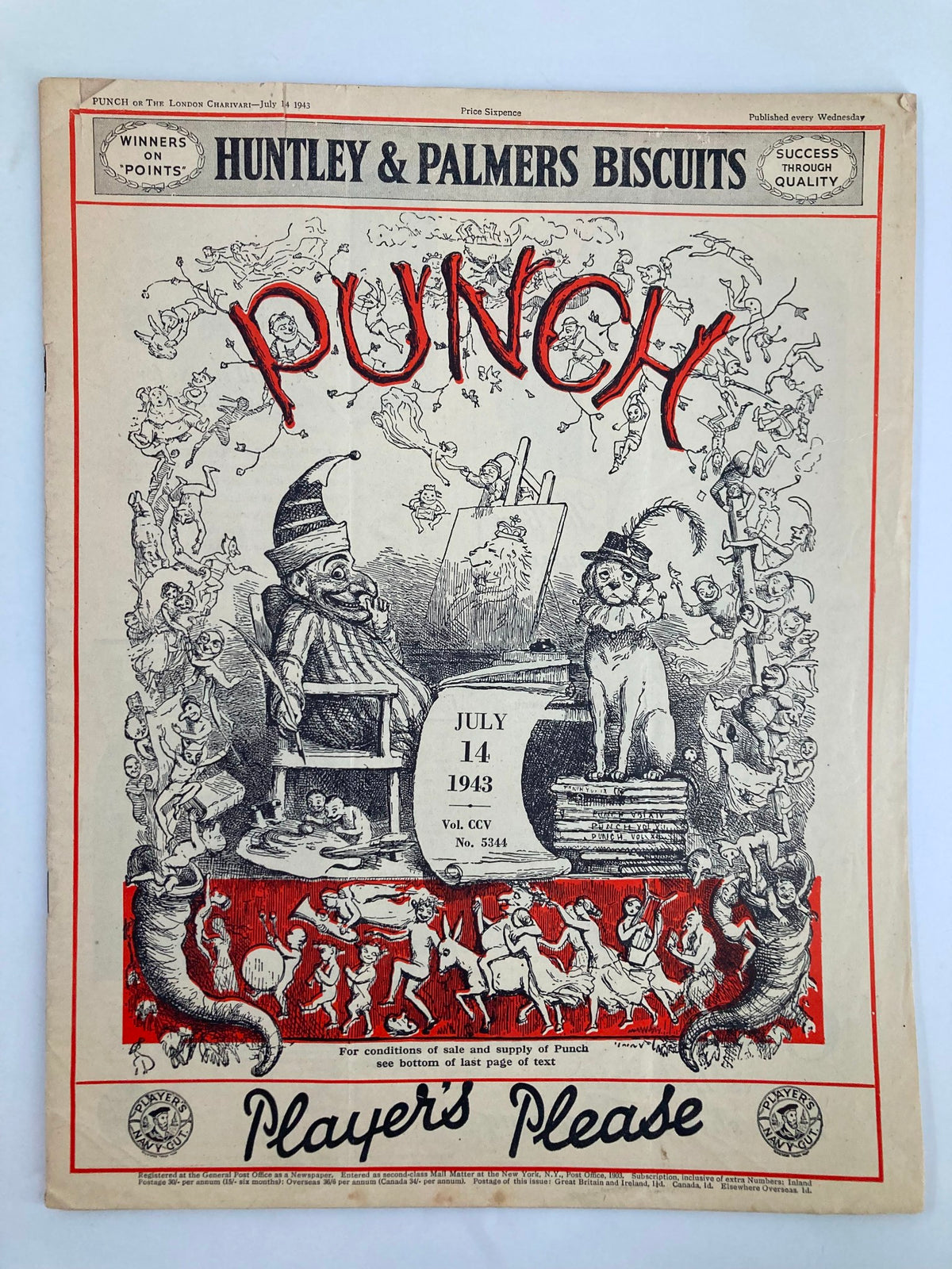 VTG Punch Magazine Cover from July 14, 1943, featuring WWII-themed humor and cartoons, highlighting the unique artistic style and cultural commentary of the era.