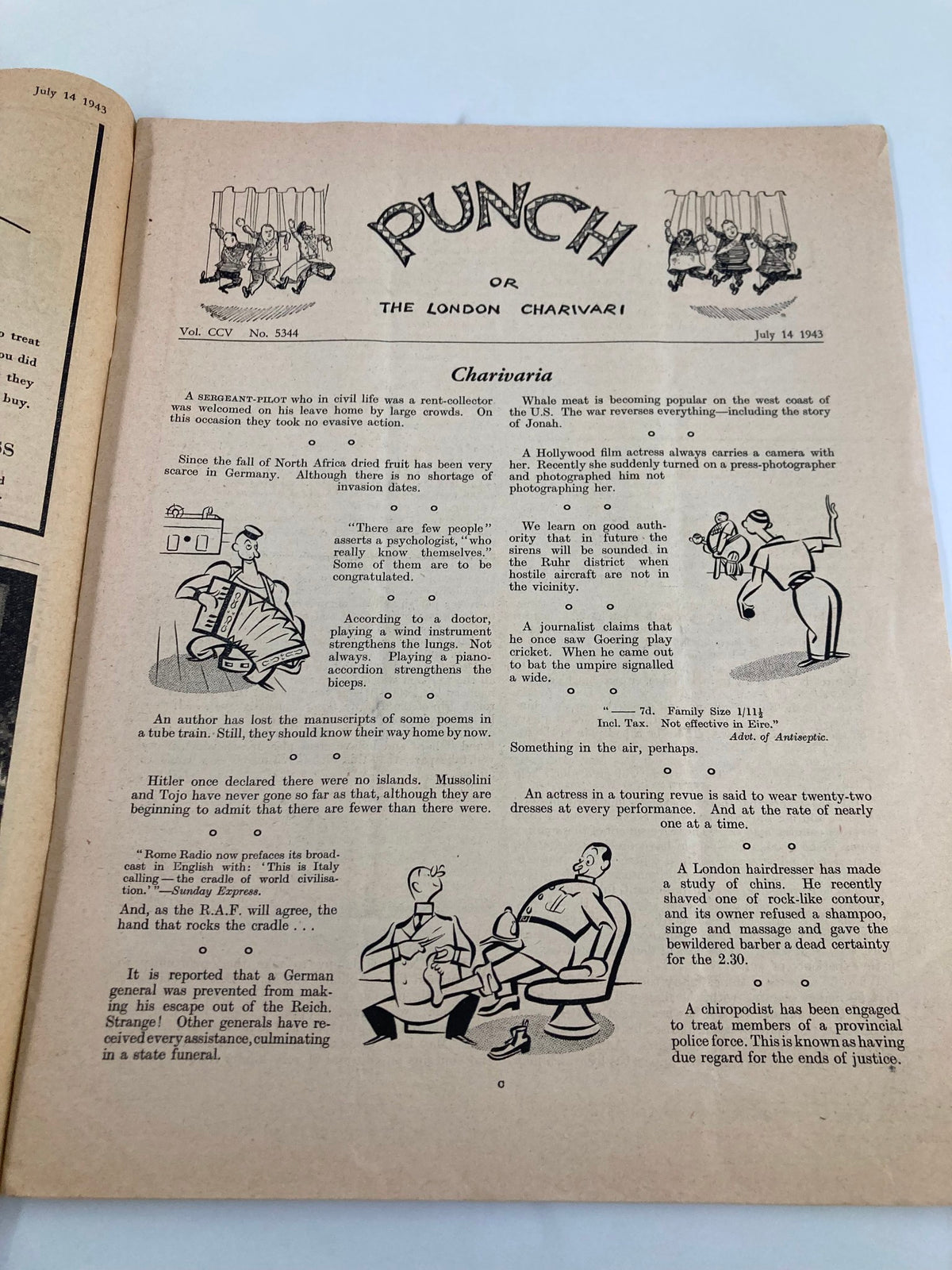 Interior page of VTG Punch Magazine from July 14, 1943, showcasing a satirical article with illustrations that reflect the humor and societal sentiments during World War II.
