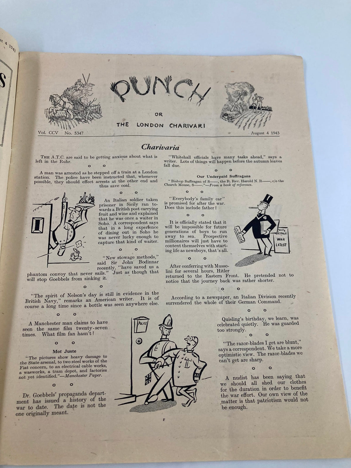Interior page of VTG Punch Magazine August 4 1943 #5347 Vol 205 showcasing humorous cartoons and articles from WWII, featuring the magazine's title and various illustrated characters.