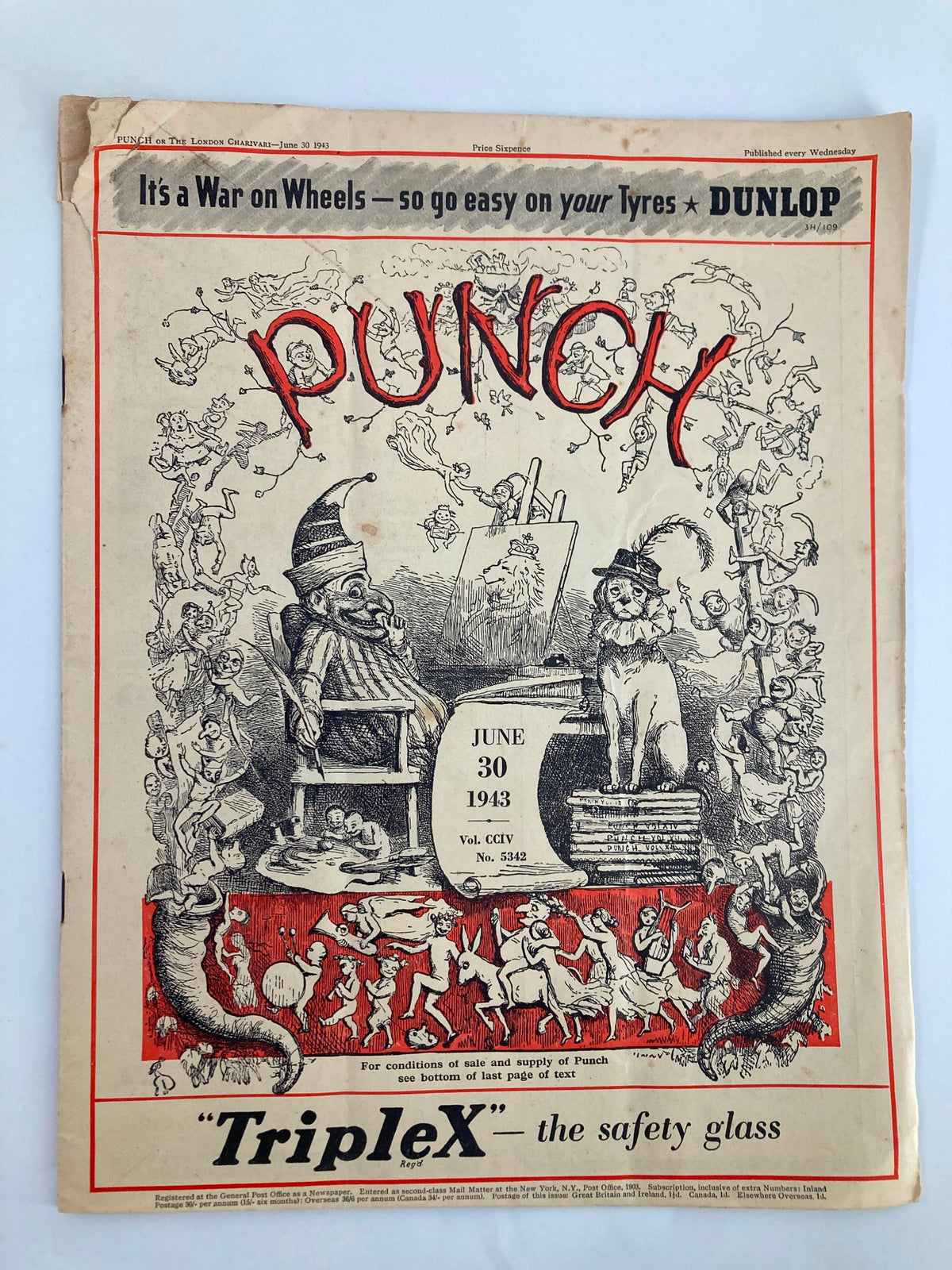 VTG Punch Magazine June 30 1943 #5342 Vol 204 cover featuring humorous illustrations and a playful design reflecting World War II era cartoons.