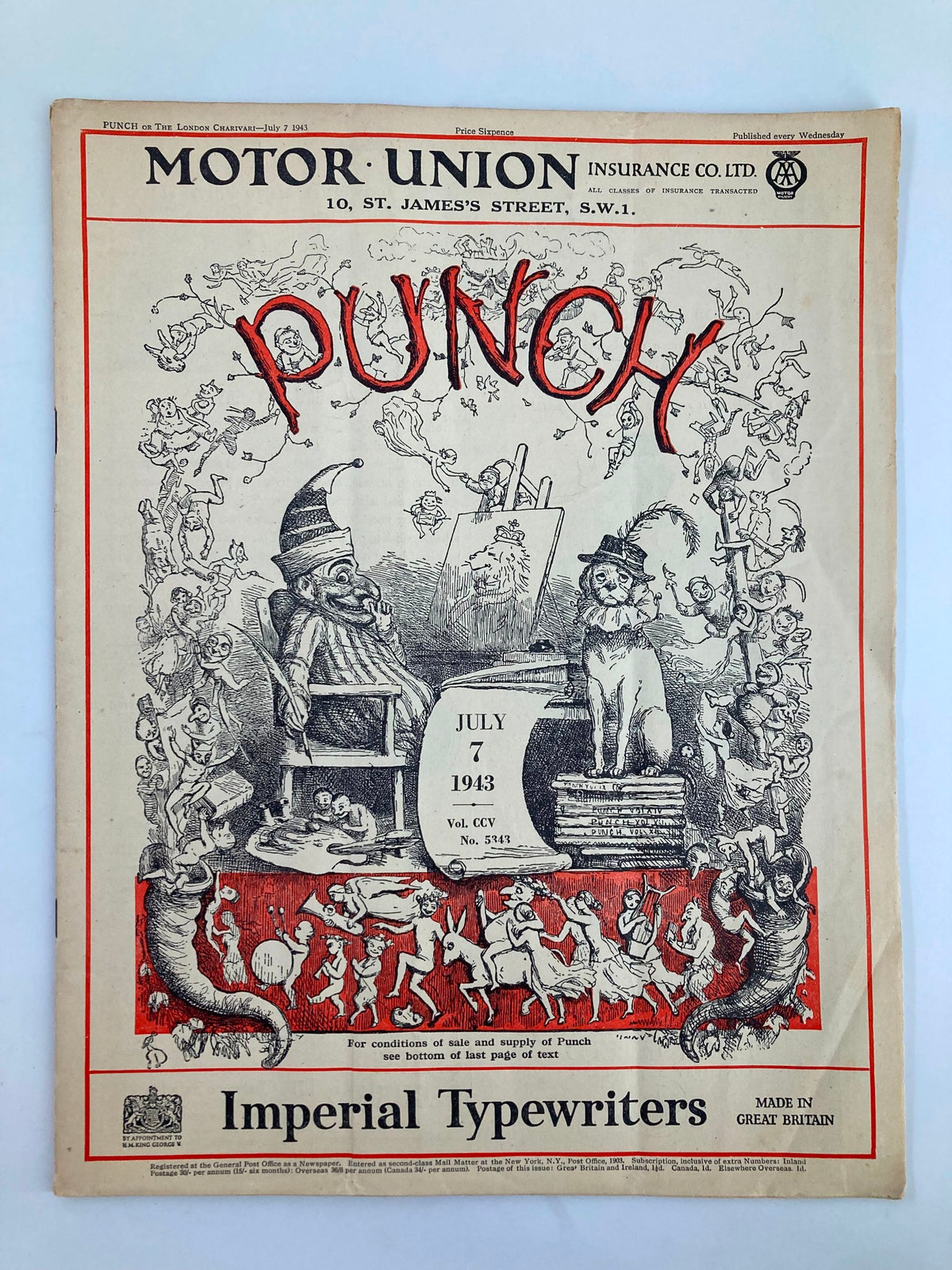 VTG Punch Magazine July 7 1943 cover featuring whimsical cartoons and humor from World War II, showcasing creative illustrations and social satire