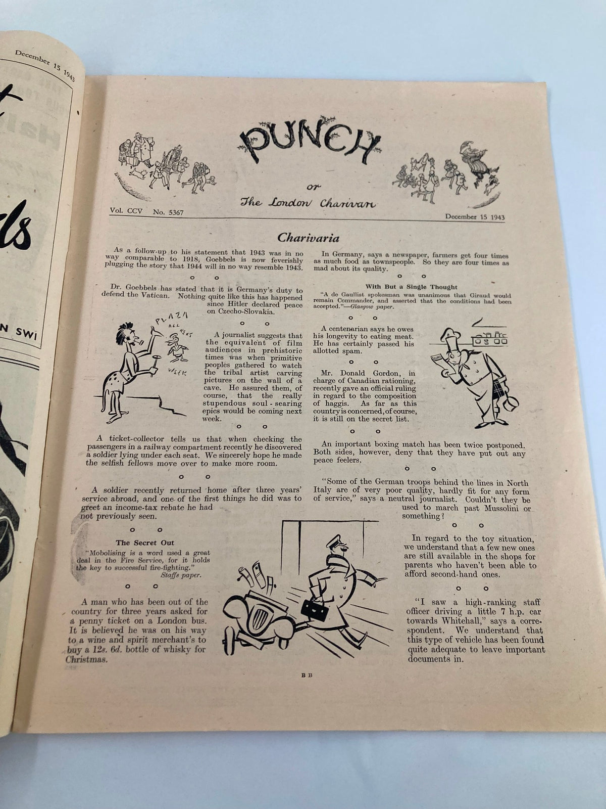 Interior page of VTG Punch Magazine December 15, 1943, displaying witty commentary and illustrations relevant to the era, Volume 205, Number 5367.