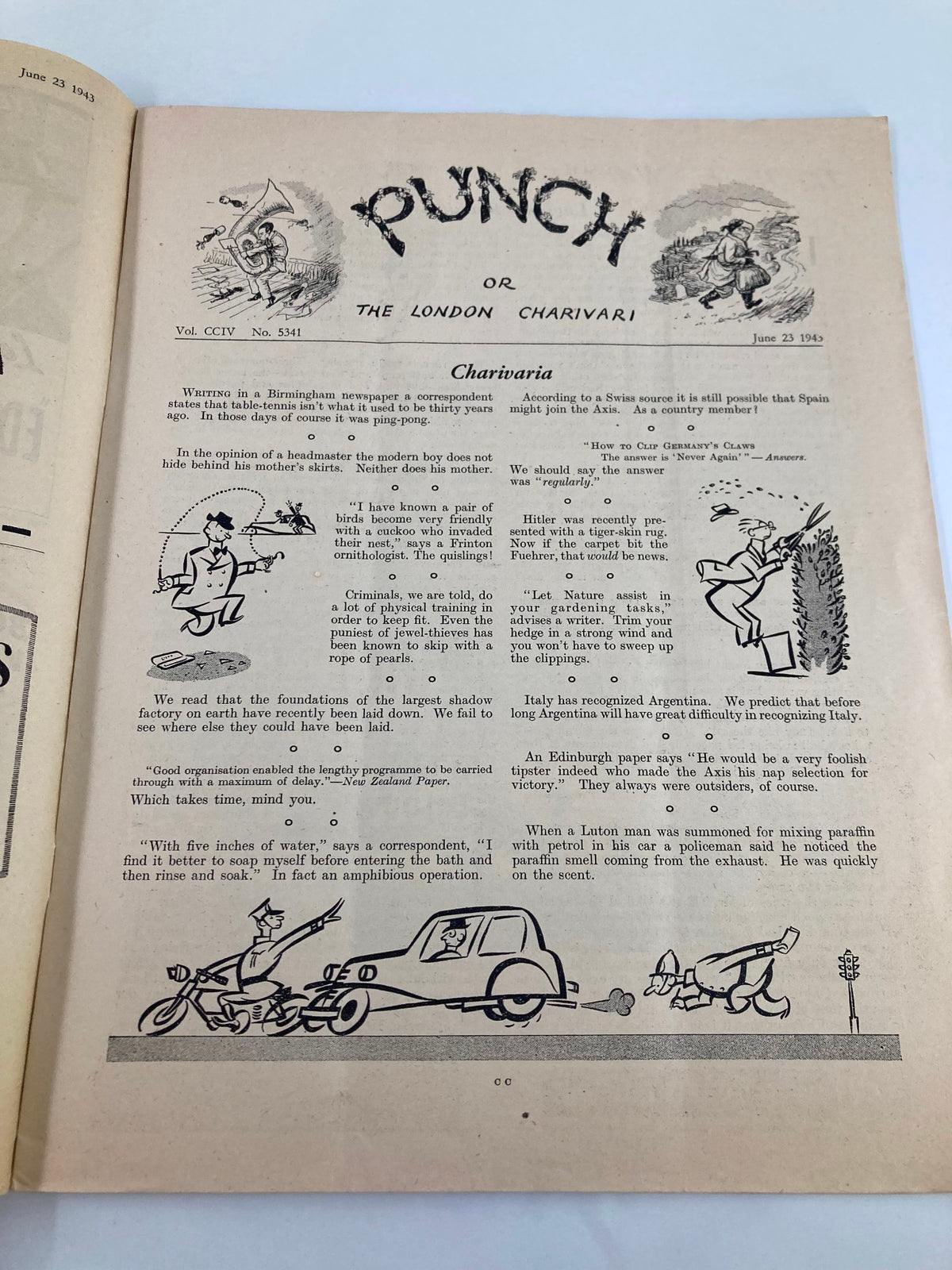 Inside page of VTG Punch Magazine June 23, 1943, No. 5341, Vol. CCIV displaying humorous articles and illustrations from the World War II era.