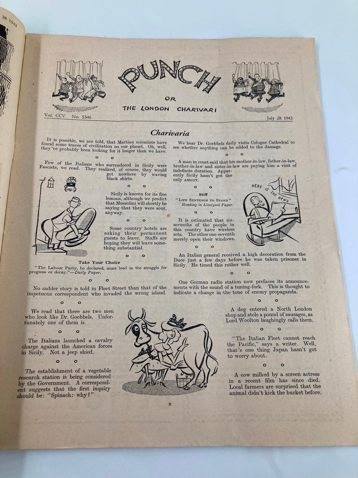 Inside page of VTG Punch Magazine July 28 1943 featuring vintage cartoons and satirical articles from World War II.