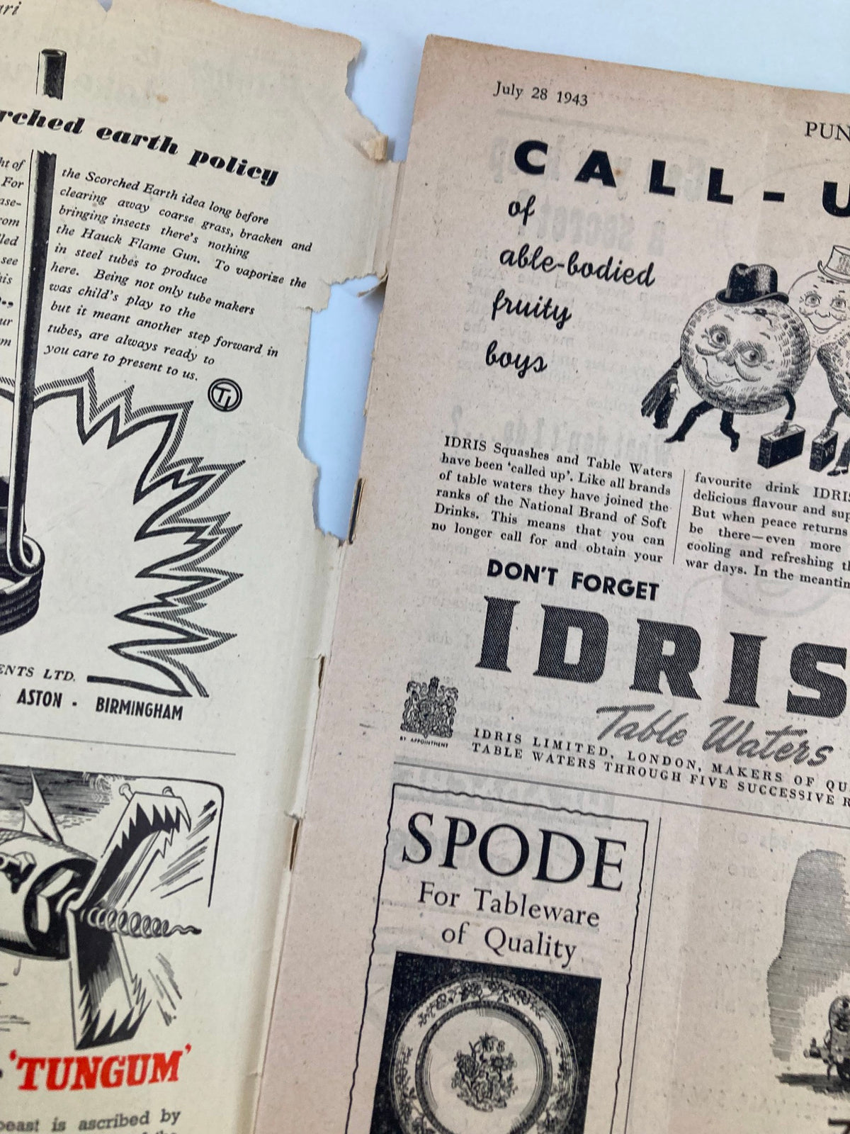 Another interior page of VTG Punch Magazine July 28 1943 highlighting humorous advertisements and content related to the era.