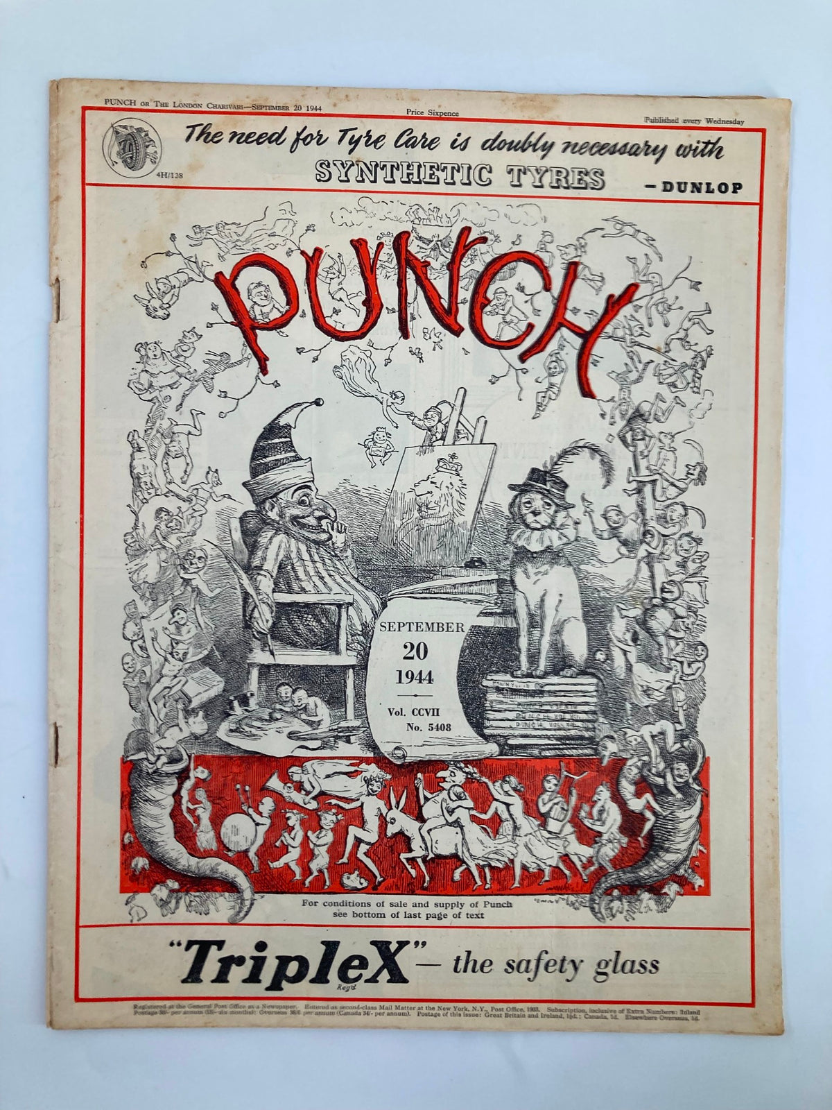 Cover of VTG Punch Magazine September 20 1944, featuring cartoons and humor from WWII era, showcasing a whimsical illustration.