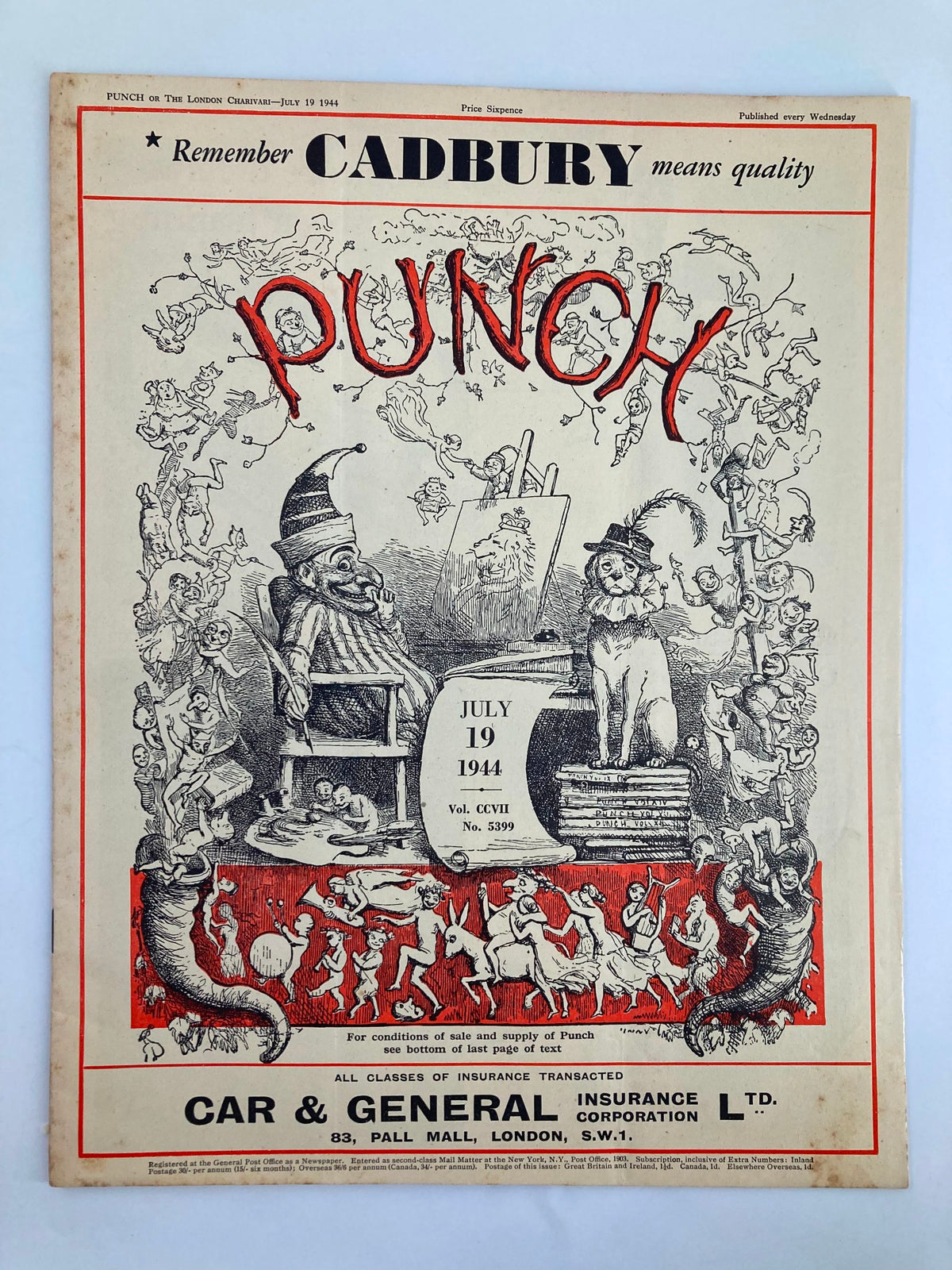 Cover of VTG Punch Magazine July 19 1944 #5399 Vol 207 featuring wartime cartoons and humor depicting a whimsical scene with characters and artistic elements.