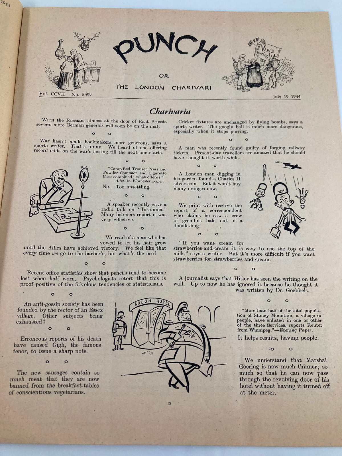 Interior page of VTG Punch Magazine July 19 1944 #5399 Vol 207 showcasing humorous articles and cartoons, illustrating the magazine's wit during World War II.