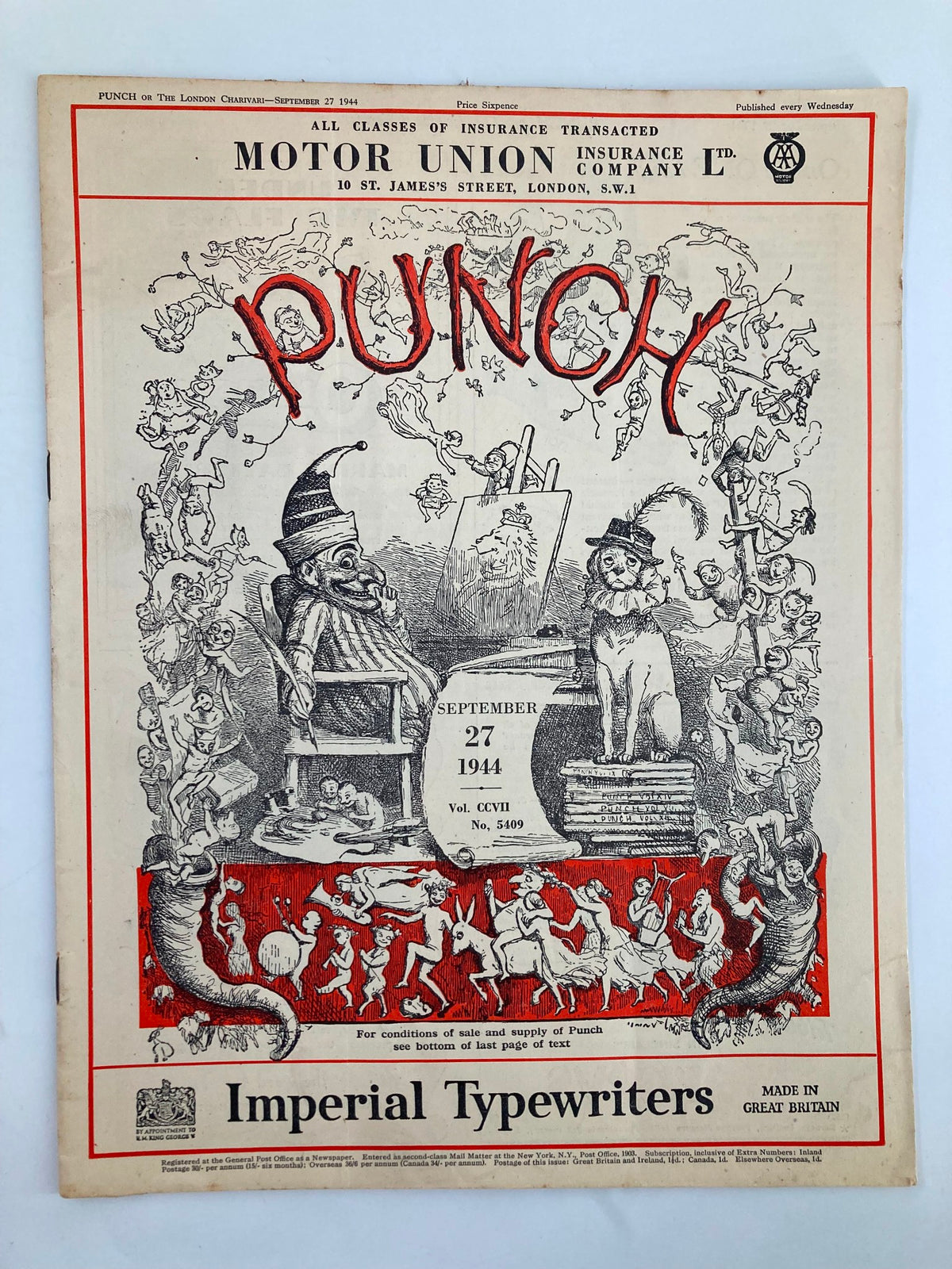 Cover of VTG Punch Magazine September 27 1944 #5409 Vol 207 featuring humor and cartoons related to WWII.