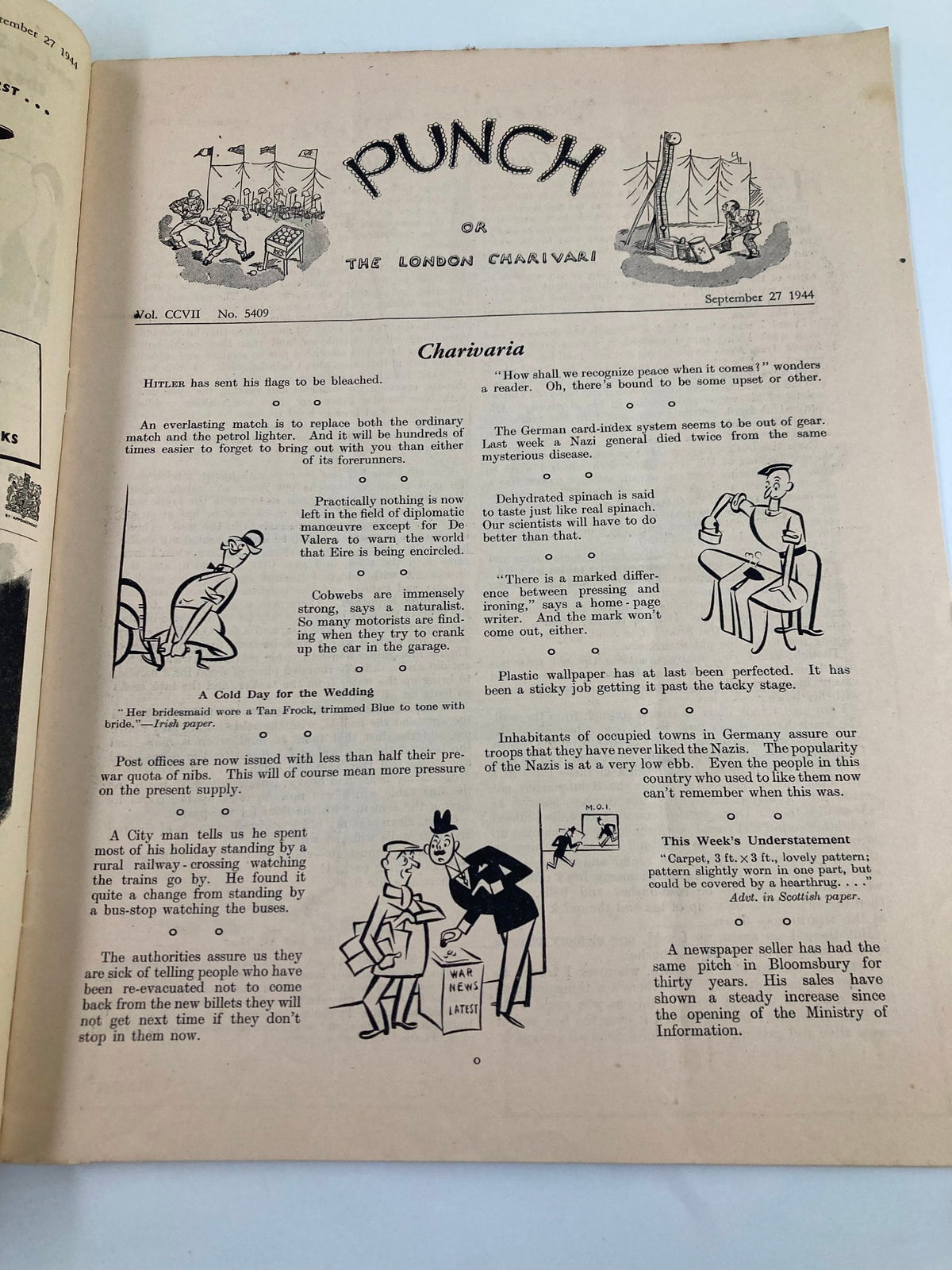 Inside page of VTG Punch Magazine September 27 1944 #5409 Vol 207 displays humorous articles and illustrations from the era.