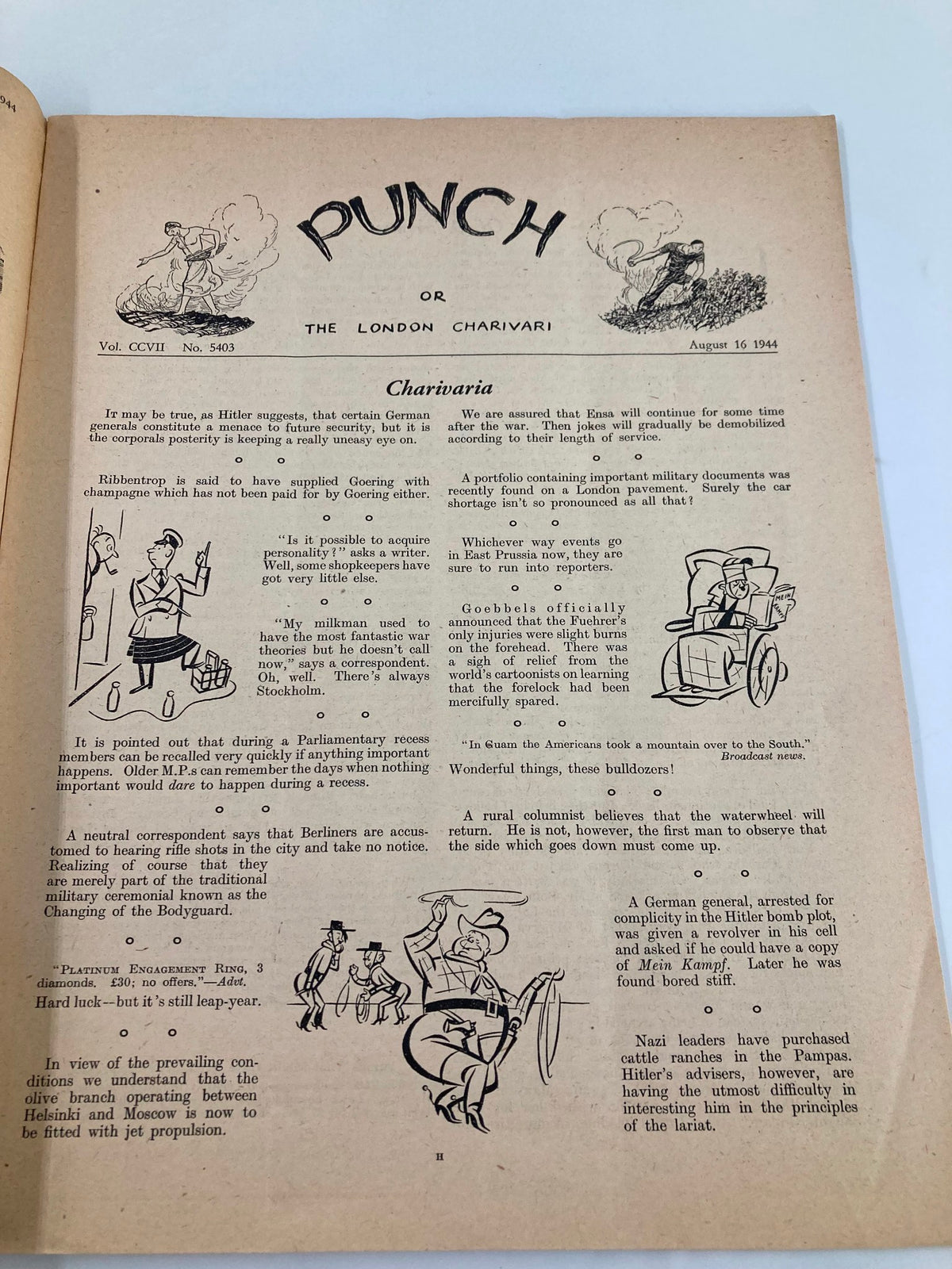 Interior page of the Vintage Punch Magazine from August 16, 1944, Issue #5403, featuring satirical articles and cartoons that highlight the era's humor during WWII.