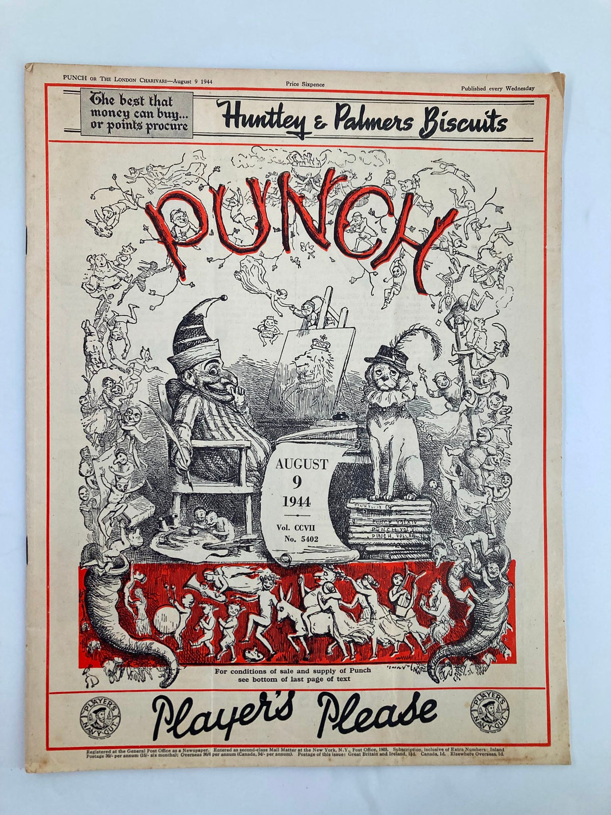 Front cover of VTG Punch Magazine August 9 1944 #5402 Vol 207 featuring World War II cartoons and humor. The cover showcases artistic illustrations with a focus on satire, representing the cultural context of that era.