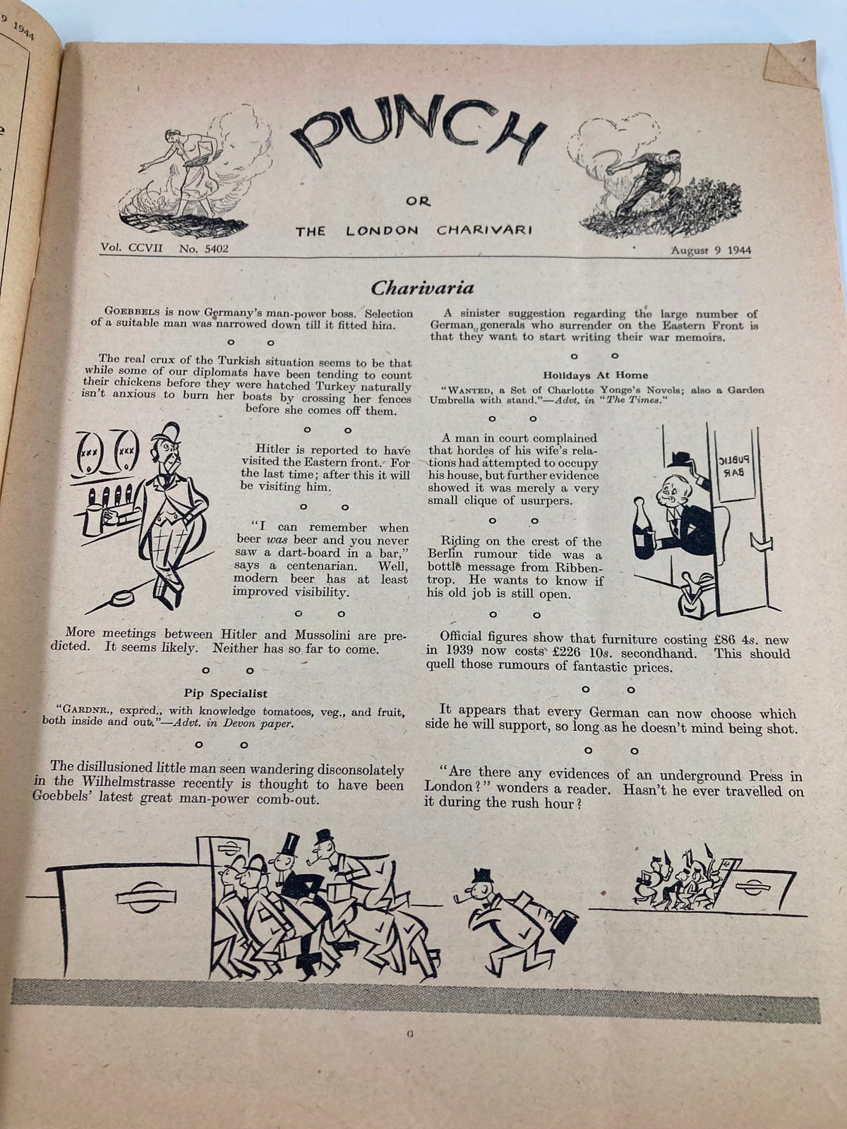 Interior page from VTG Punch Magazine August 9 1944 #5402 Vol 207 displaying text and cartoons. The page features commentary on wartime events and humorous illustrations typical of Punch Magazine's style during World War II.