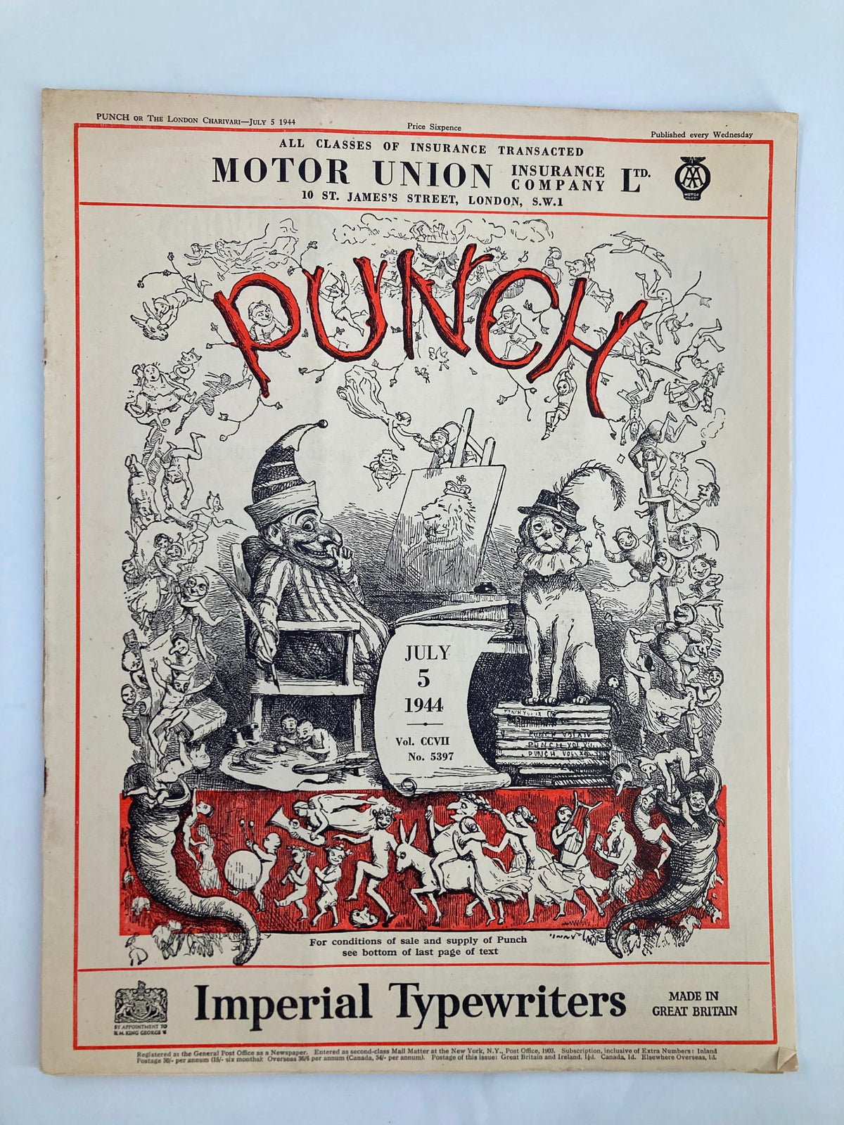 Cover of VTG Punch Magazine July 5 1944, issue #5397, featuring humorous illustrations and editorial content related to World War II.