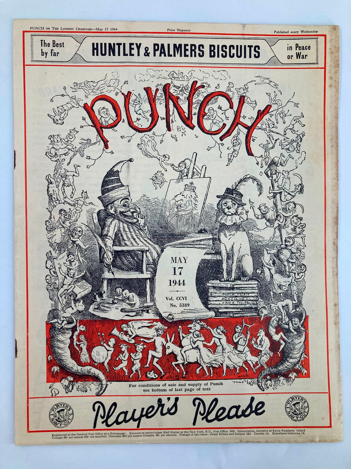 Cover of VTG Punch Magazine May 17 1944, issue #5389, featuring humorous illustrations and the title 'PUNCH' prominently displayed, showcasing WWII-themed art.