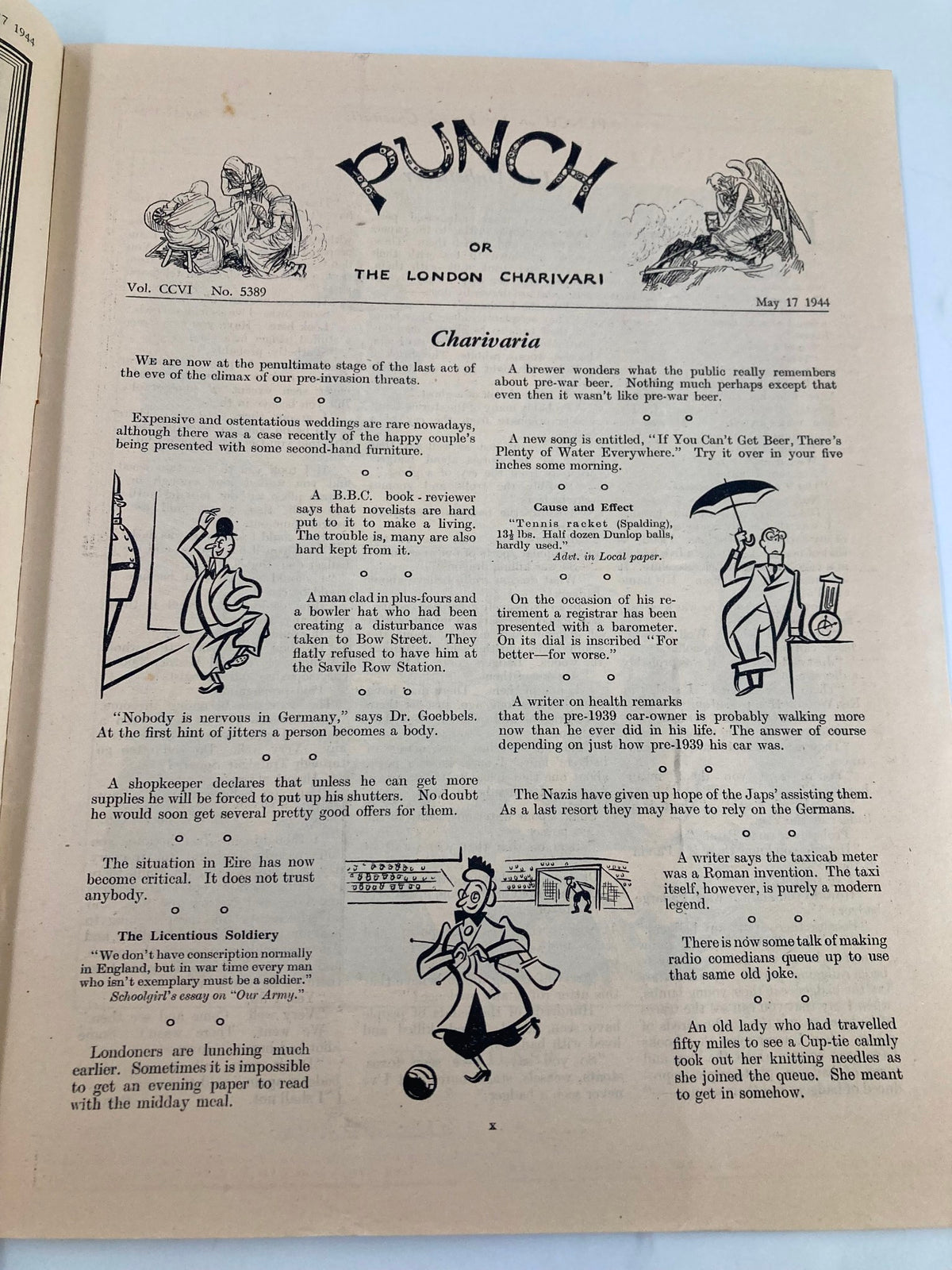 Interior page of VTG Punch Magazine May 17 1944, issue #5389, featuring the Charivaria section with humorous writings and illustrations reflecting the sociopolitical climate during World War II.
