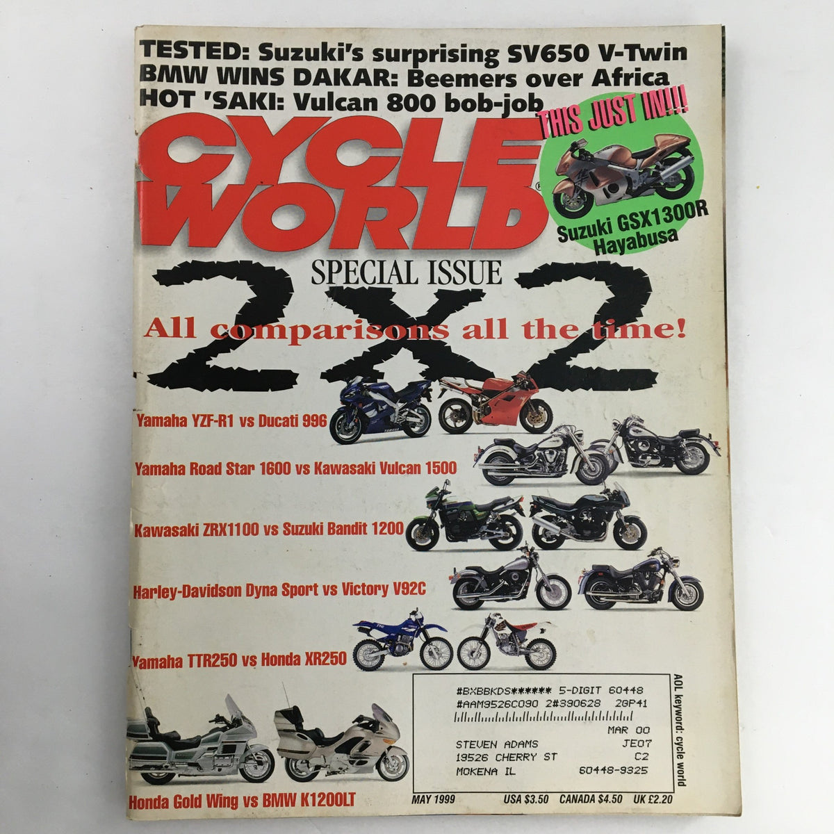 Cycle World Magazine May 1999 cover showcasing the comparison between Yamaha YZF-R1 and Ducati 996, featuring additional motorcycle models and highlights, an essential collectible for motorcycle enthusiasts.