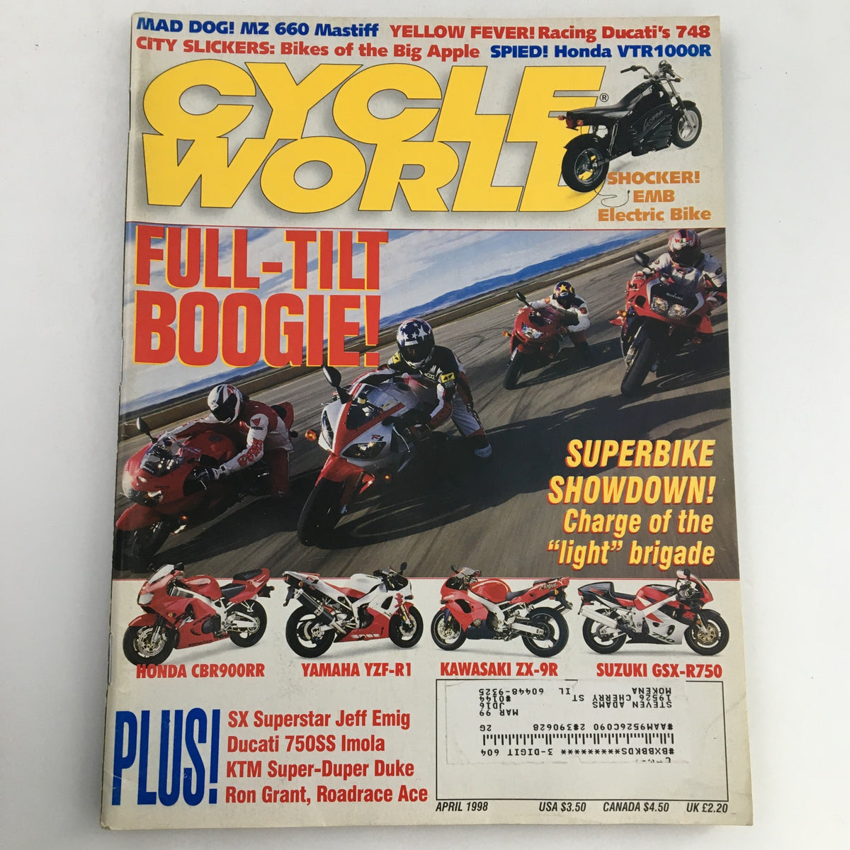 Cycle World Magazine April 1998 cover featuring a spotlight on the EMB Electric Bike, SX Superstar Jeff Emig, and superbike showdown highlights. The vibrant magazine design showcases multiple sport bikes on a racetrack.